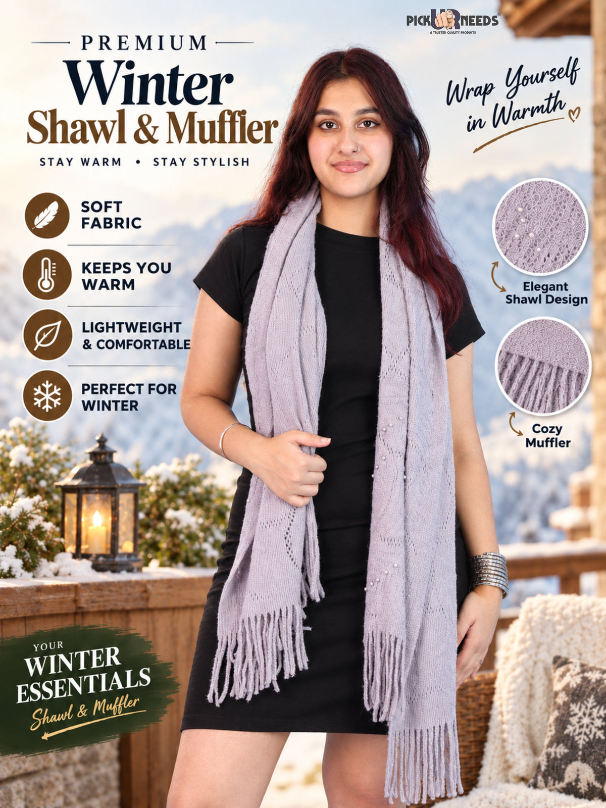 Pick Ur Needs Women & Girls Winter Warm Woolen Muffler with Pearl Work & Fringes – Soft Stylish Wrap