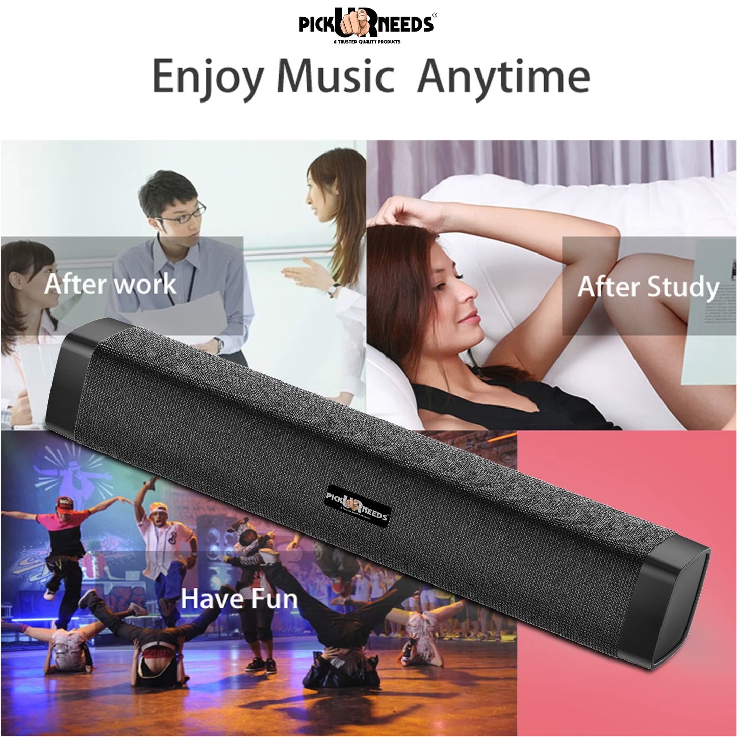 Pick Ur Needs Rechargeable 10W Wireless Bluetooth Soundbar Speaker with 1200mAh Battery, FM Radio, TF Card, USB & AUX Support – 4 Hours Playtime Home & Outdoor Speakers