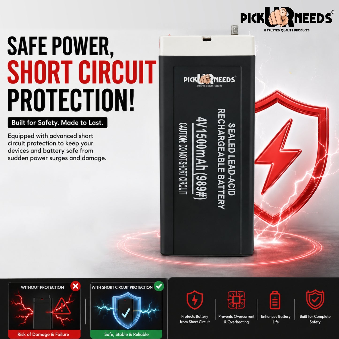 Pick Ur Needs 4V 1500mAh Rechargeable Lead Acid Battery for Emergency & Security Use 4 hrs Lantern Emergency Light (Black)