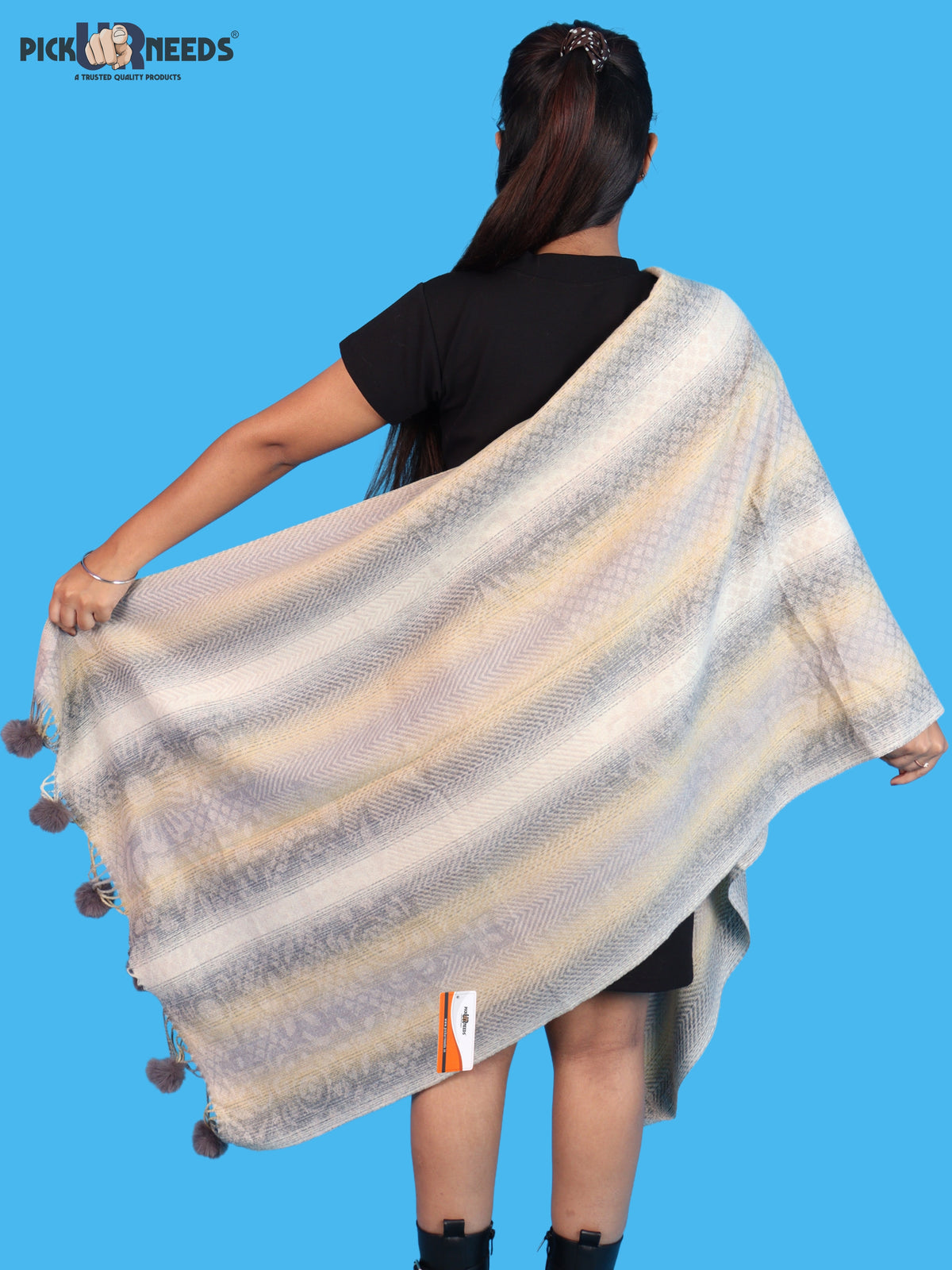 Pick Ur Needs Soft Woolen Designer Winter Shawl with Beautiful Floral Pattern & Pom Pom Tassels For Girls & Womens