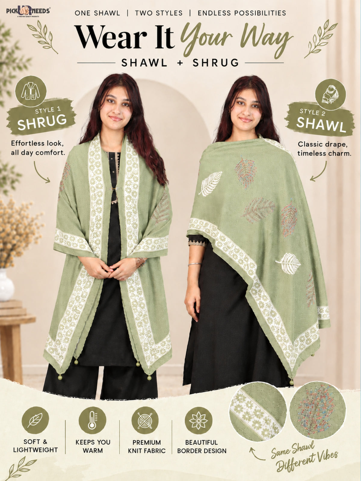 Pick Ur Needs Girls & Womens Winter Soft Lightweight Knitted Shawl with Leaf Design, Floral Border & Decorative Tassels