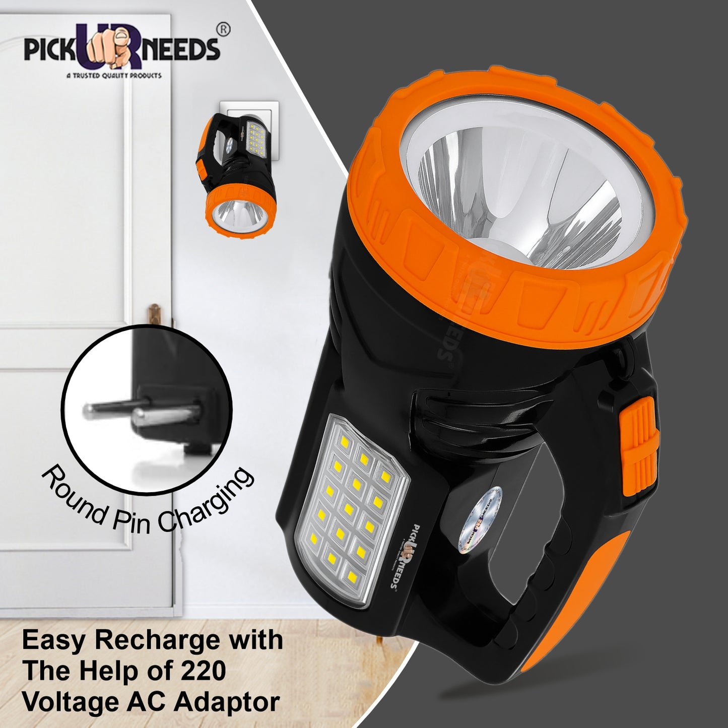 Pick Ur Needs 50W Emergency Long Range Rechargeable Search Laser with 15 SMD Bright 8 hrs Torch Emergency Light (Orange, Black)