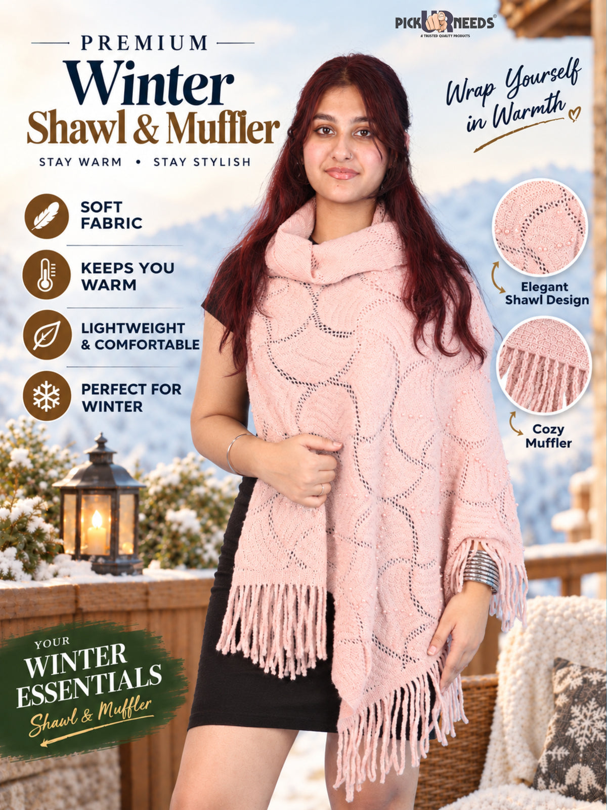 Pick Ur Needs Women & Girls Winter Warm Woolen Shawl Stole with Pearl Work & Fringes – Soft Stylish Wrap