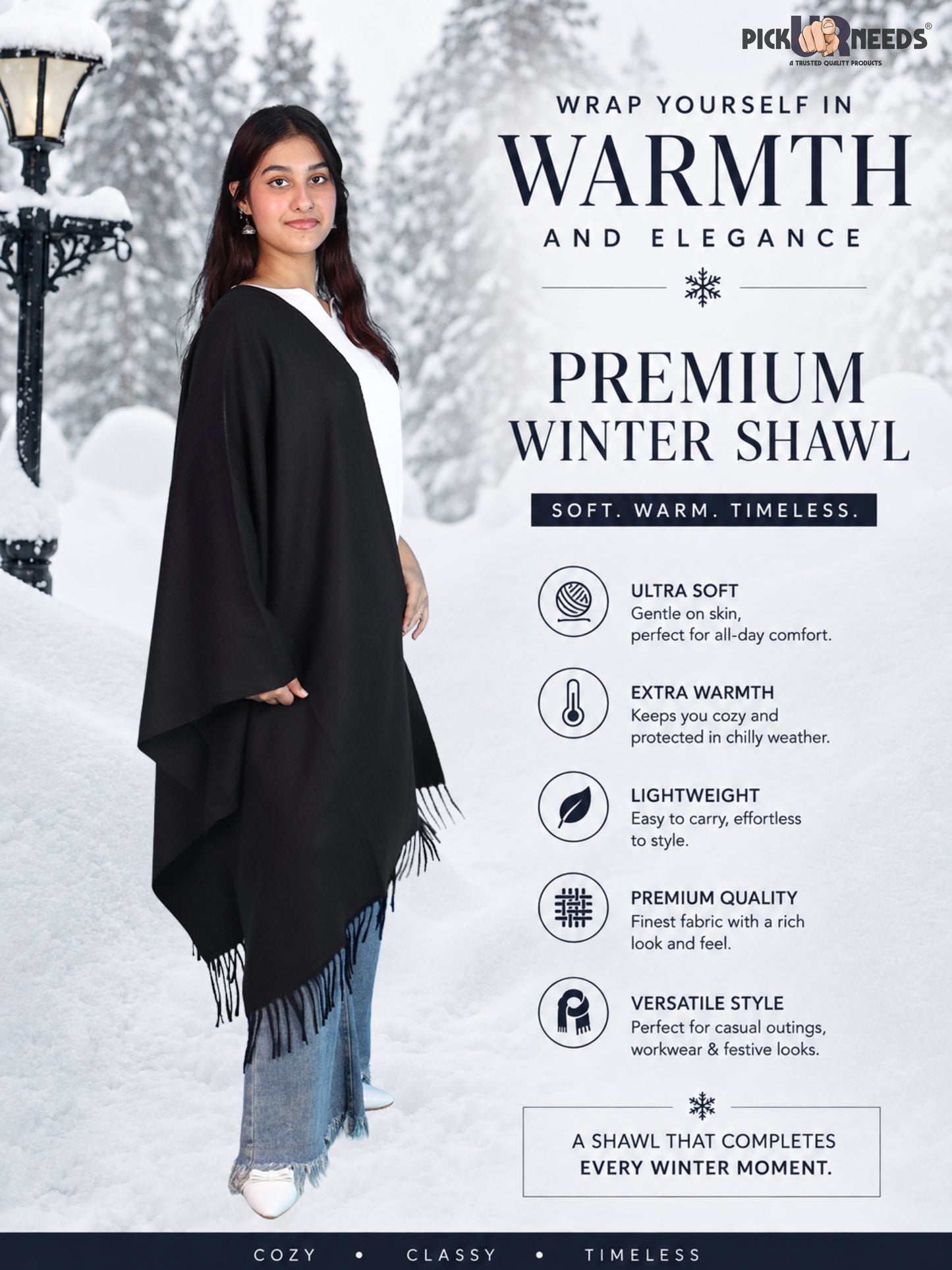 Pick Ur Needs Womens Winter Shawl Soft Warm Large Wrap Shawls with Fringe Tassels Elegant Woolen Style Stole for Girls