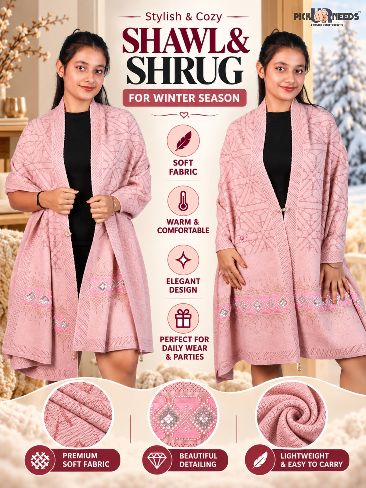 Pick Ur Needs Womens Soft Woolen Winter Girls Shawl with Elegant Geometric Design & Floral Embellishments Lightweight Warm Comfortable Ladies Shawl