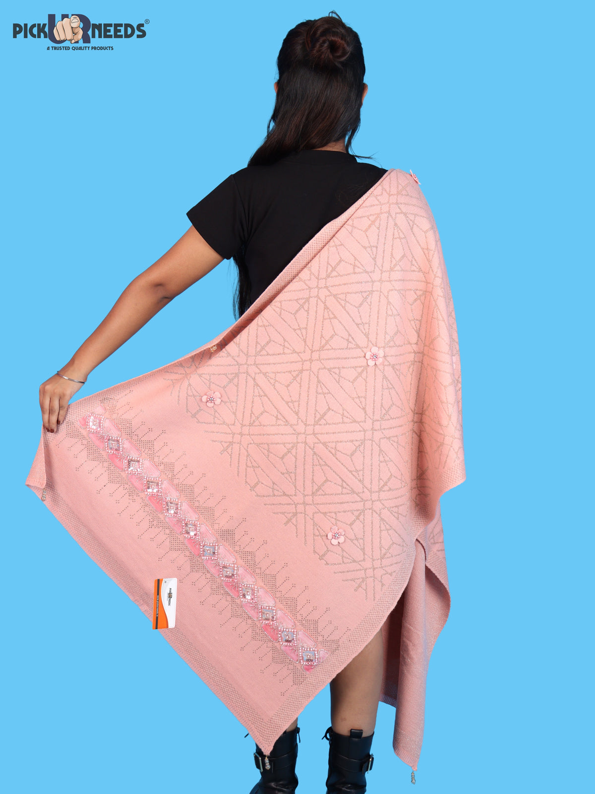 Pick Ur Needs Womens Soft Woolen Winter Girls Shawl with Elegant Geometric Design & Floral Embellishments Lightweight Warm Comfortable Ladies Shawl