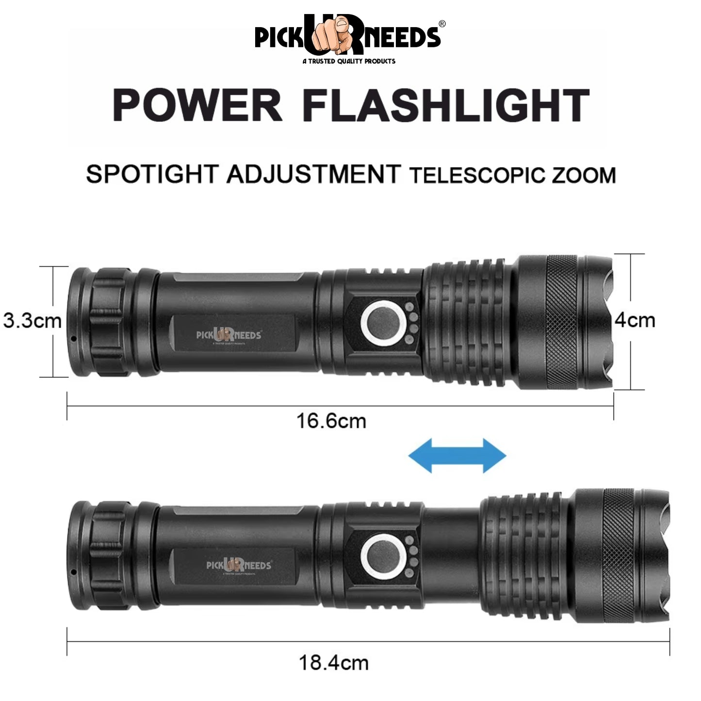 Pick Ur Needs 100W High Power Rechargeable Flashlight with 3000mAh Battery, 5 Lighting Modes 5 hrs Torch Emergency Light