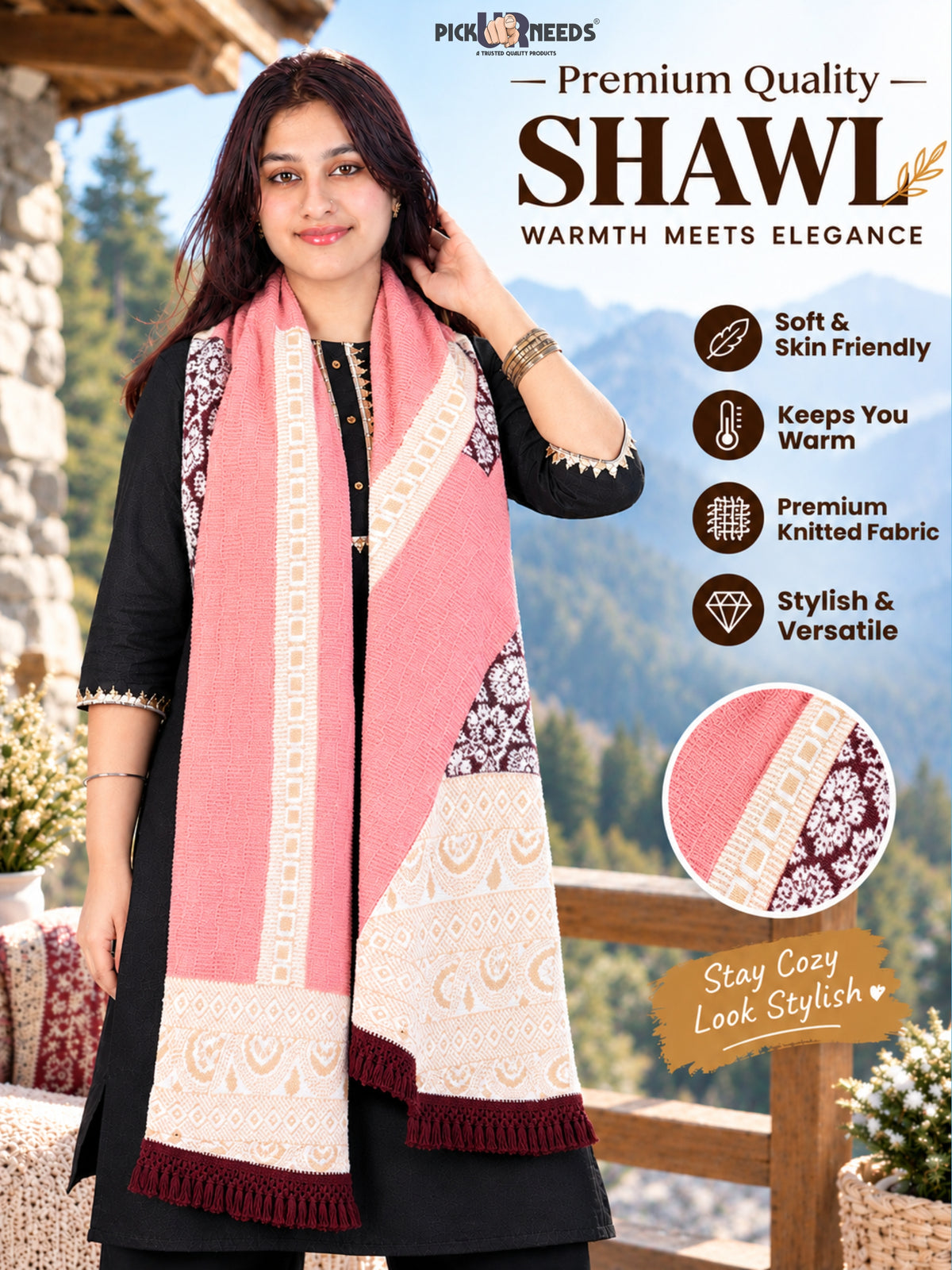 Pick Ur Needs Winter Girls & Womens Woolen Shawl, Soft Warm Printed Wrap with Elegant Pattern & Fringe Border