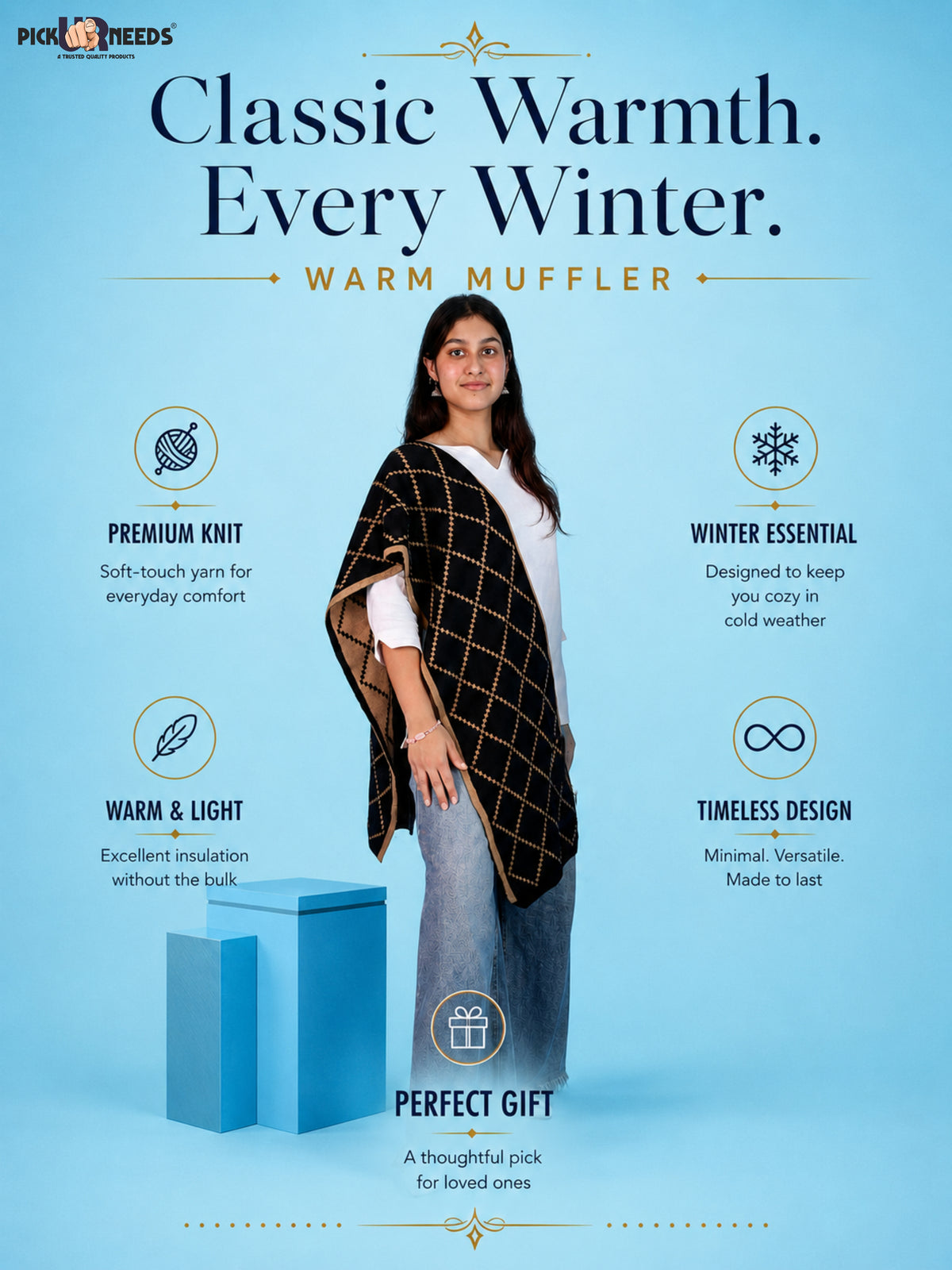 Pick Ur Needs Premium Winter Woolen Scarf for Women Designer Checkered Warm Muffler Soft, Stylish & Cozy Cold Weather Wrap