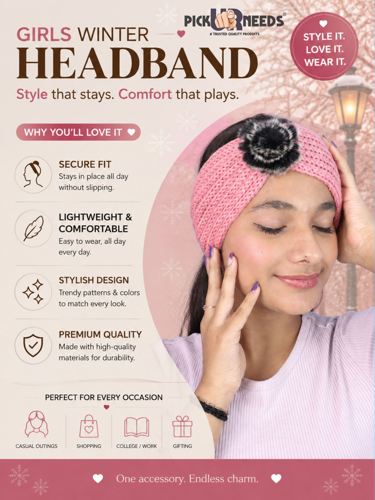 Pick Ur Needs Women & Girls Winter Earmuff Headband Kanpatti with Flower Design Soft Knitted Warm Ear Cover