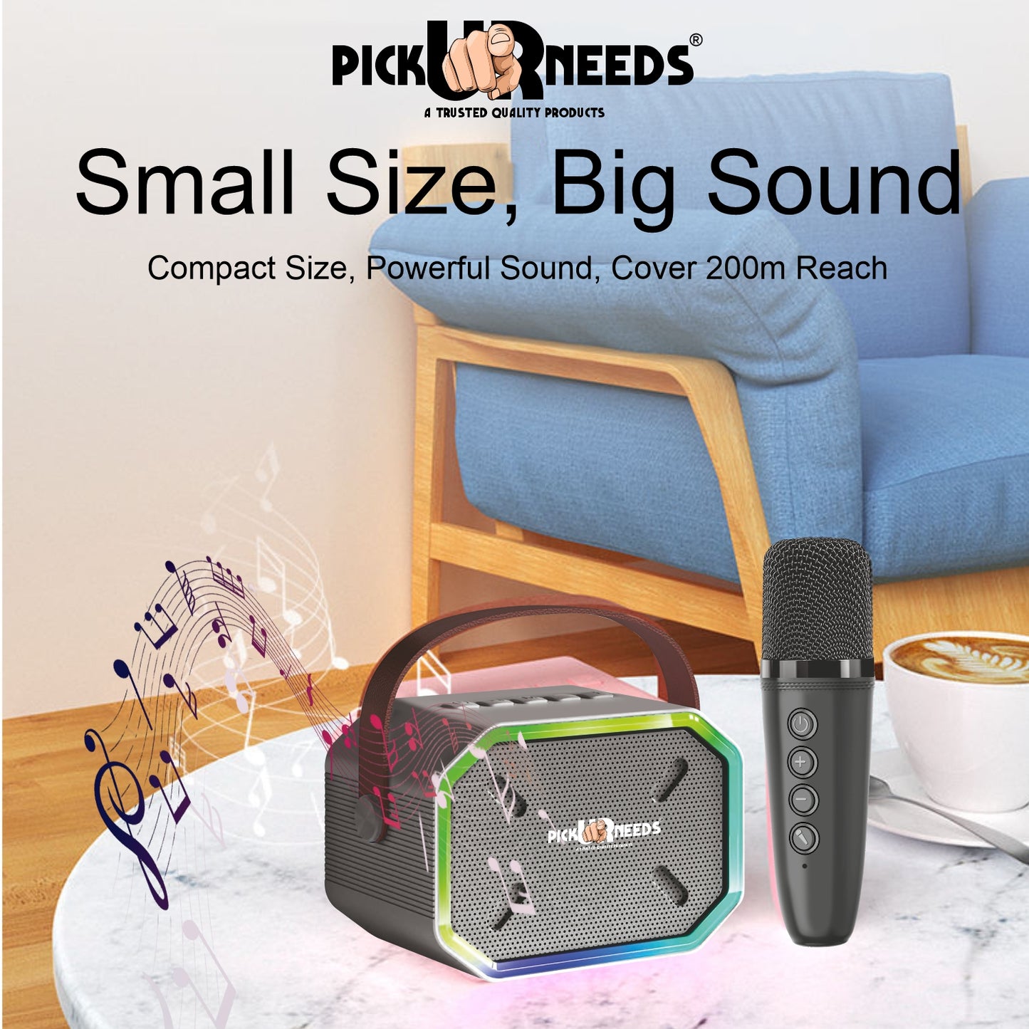 Pick Ur Needs 15W Portable Bluetooth Karaoke Speaker with Mic, 2000mAh Battery, Type-C Charging, RGB Lights, TF Card, Stereo Sound – Wireless Karaoke System (Black)
