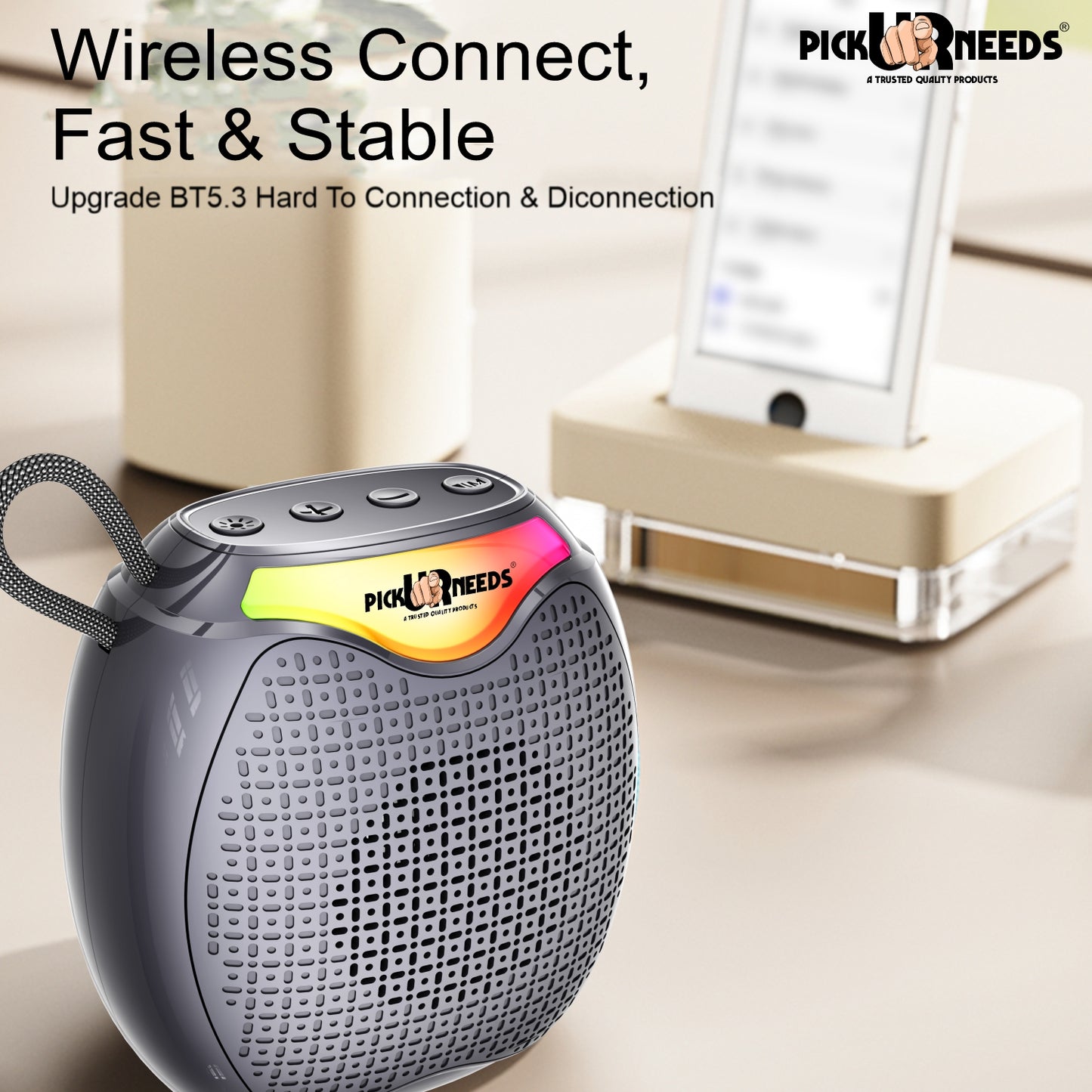 Pick Ur Needs 12W Portable Wireless Bluetooth Speaker with RGB Lights, 800mAh Battery, TWS, FM Radio, TF Card, USB 10m Wireless Transmission