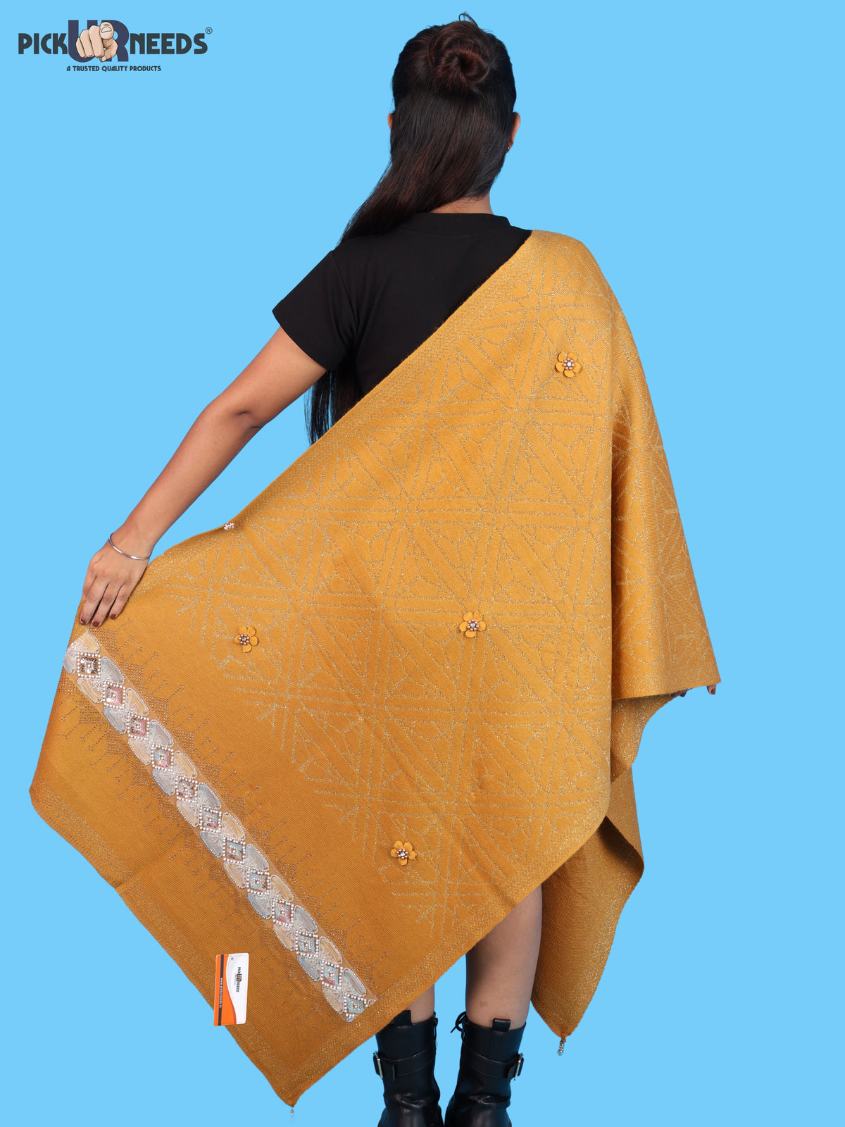 Pick Ur Needs Womens Soft Woolen Winter Girls Shawl with Elegant Geometric Design & Floral Embellishments Lightweight Warm Comfortable Ladies Shawl