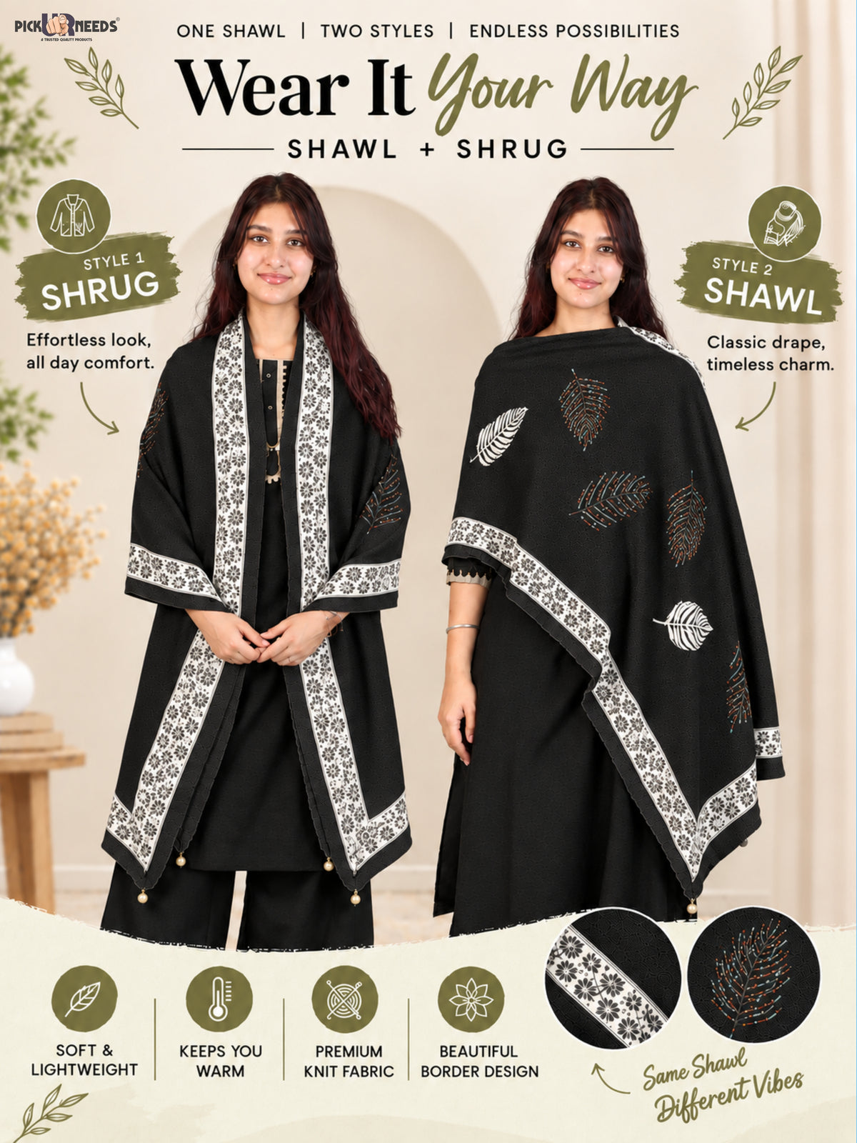 Pick Ur Needs Girls & Womens Winter Soft Lightweight Knitted Shawl with Leaf Design, Floral Border & Decorative Tassels
