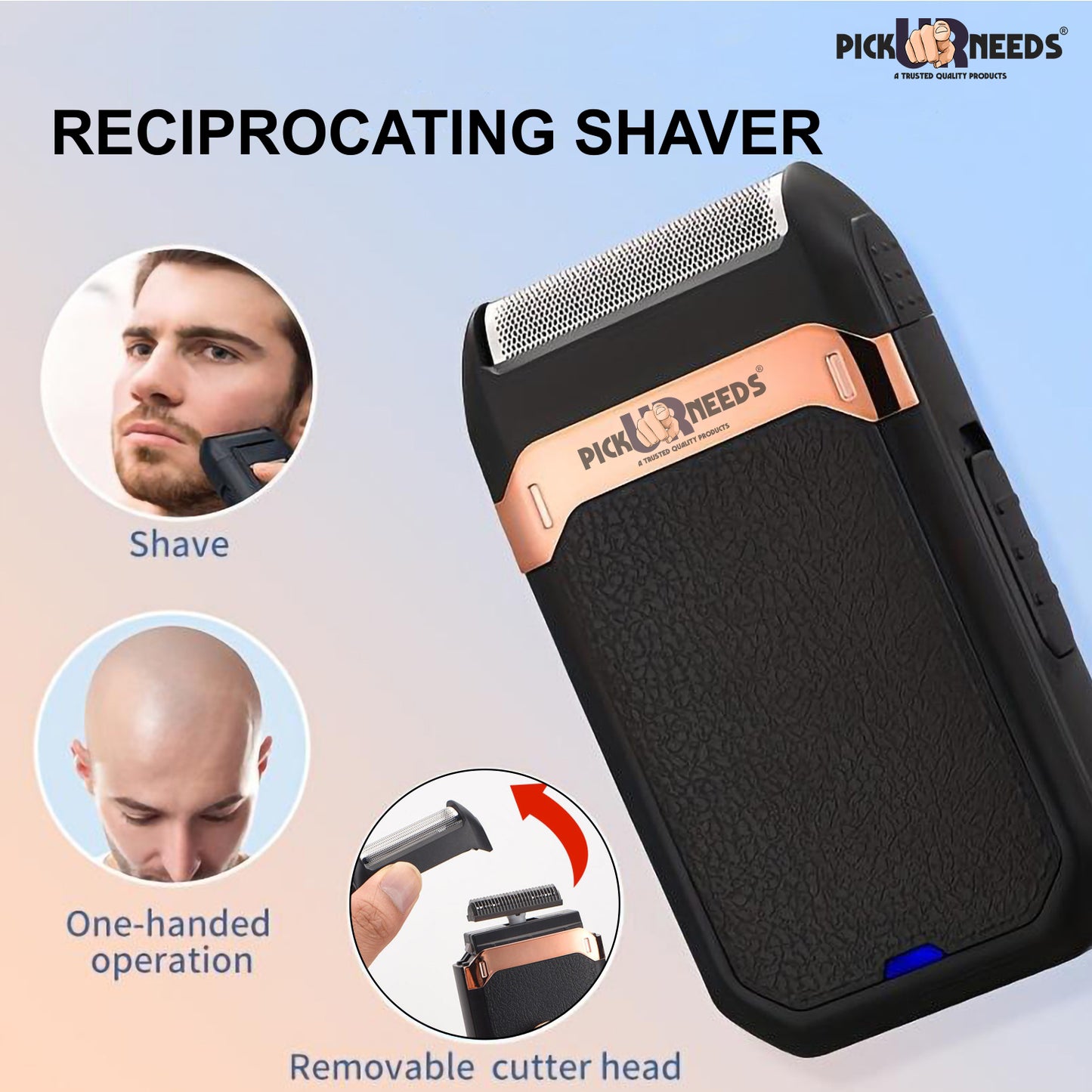 Pick Ur Needs Reciprocating Shaver for Men | Compact Rechargeable Electric Beard Shaver Trimmer | One-Hand Operation | Removable Cutter Head | Travel Friendly Grooming Device