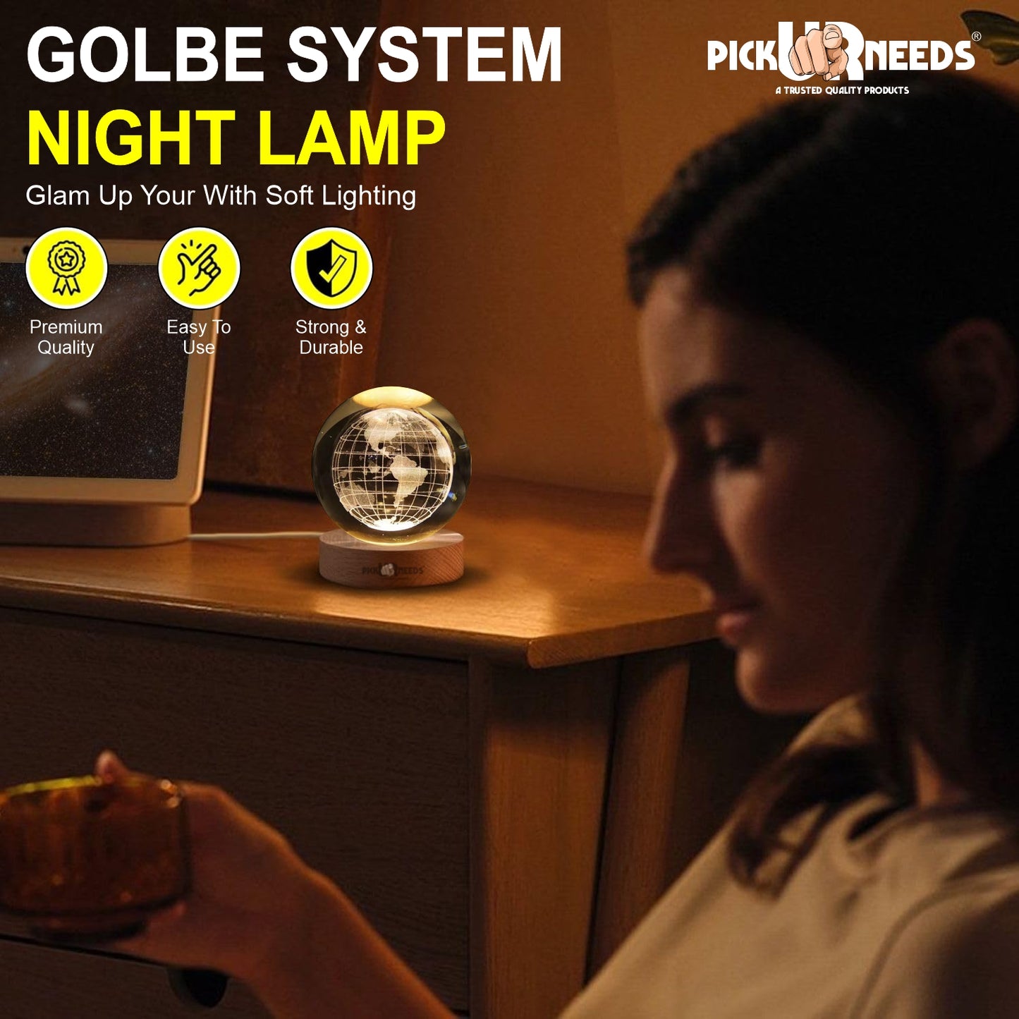 Pick Ur Needs 3D Galaxy Laxmi Ganesh Crystal Ball Night Light– Beech Wood Base– Decor for Home Night Lamp  (9.5 cm, Gold)