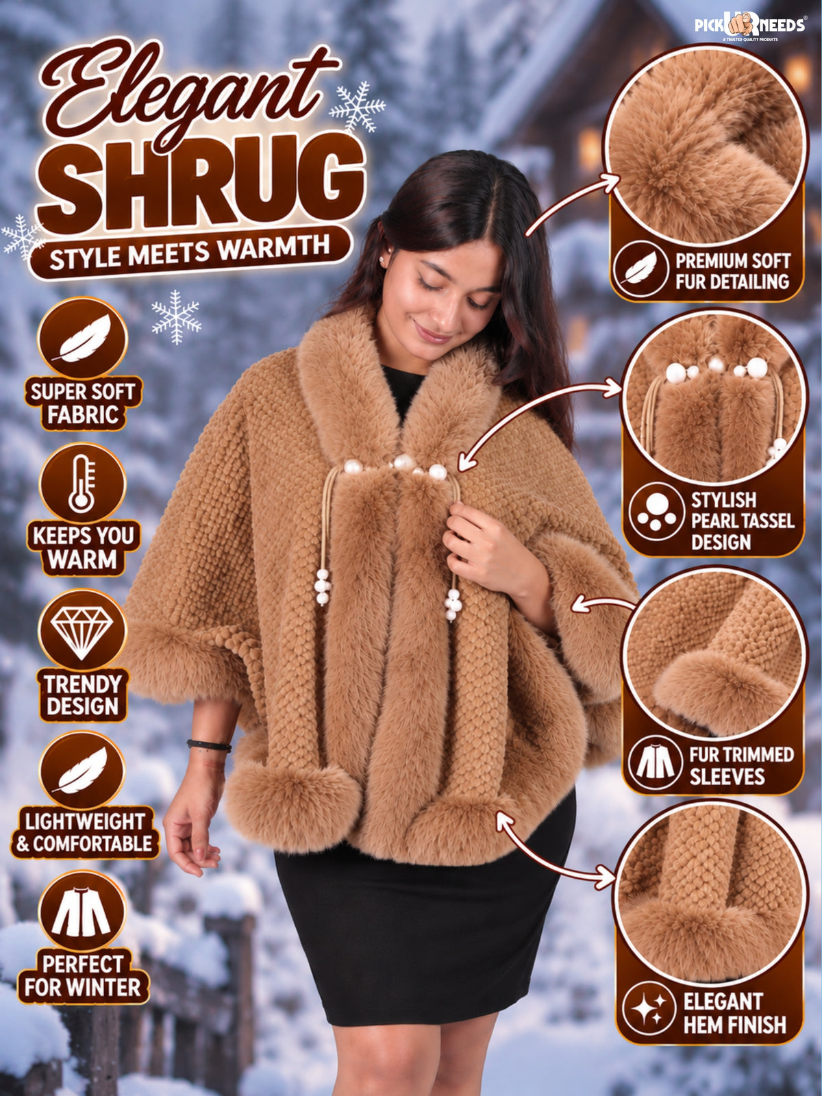 Pick Ur Needs Ladies Winter Shrug with Plush Fur Style Border & Pearl Bead Accents Textured Soft Fabric Open Front Cape Poncho with Wide Sleeves for Girls & Women