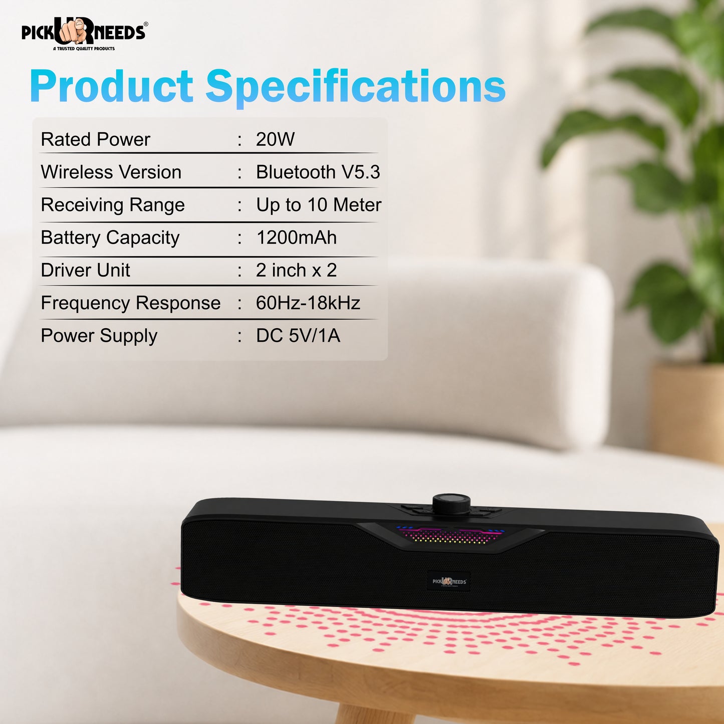 Pick Ur Needs Rechargeable Wireless Bluetooth Soundbar Speaker 20W with Dynamic RGB Lights Portable Sound Bar 1200mAh Battery