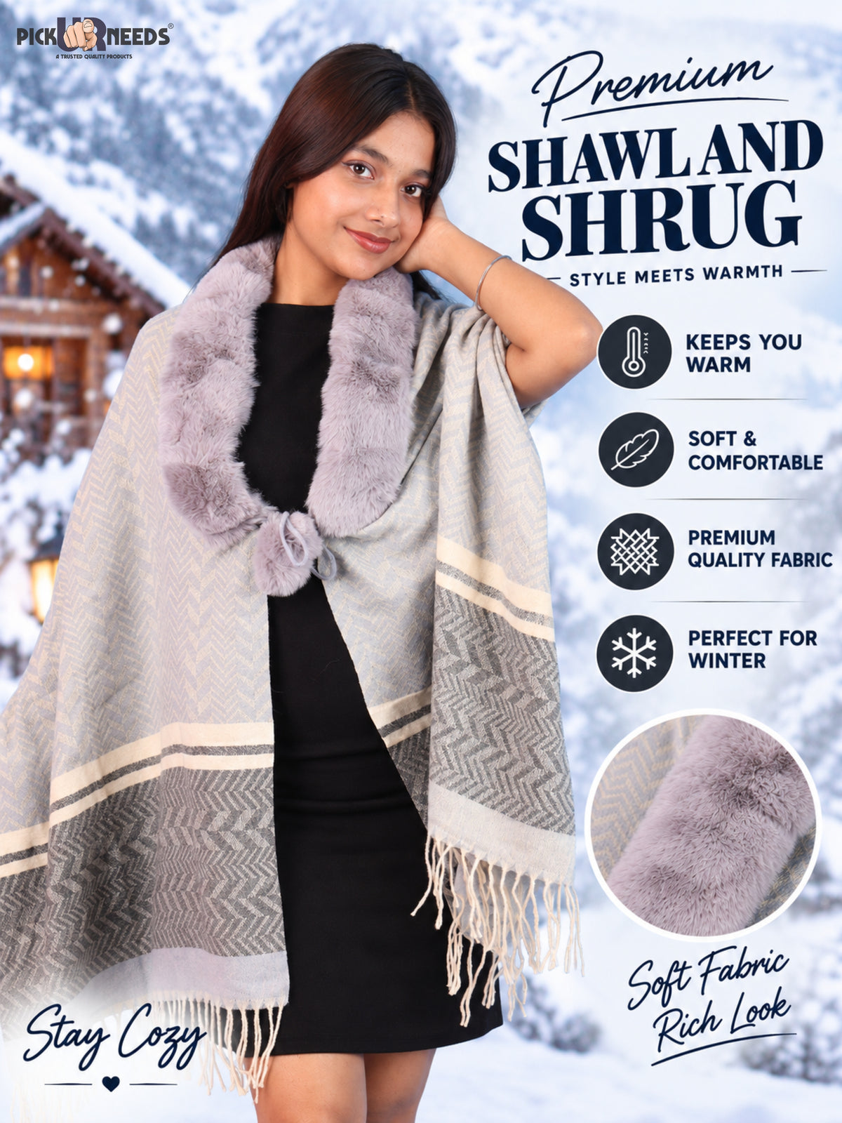 Pick Ur Needs Womens & Girls Designer Winter Shawl with Plush Fur Neckline & Patterned Border Soft Cozy Ladies Shoulder Wrap with Fringed Edges & Pom Pom Tassels