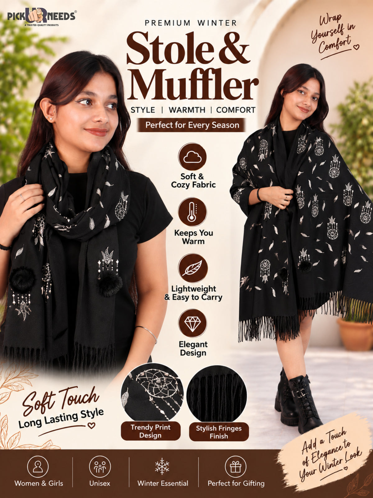 Pick Ur Needs Womens & Girls Muffler & Scarf with Elegant Dreamcatcher Print Soft Warm Lightweight Winter Neck Wrap with Stylish Fringes