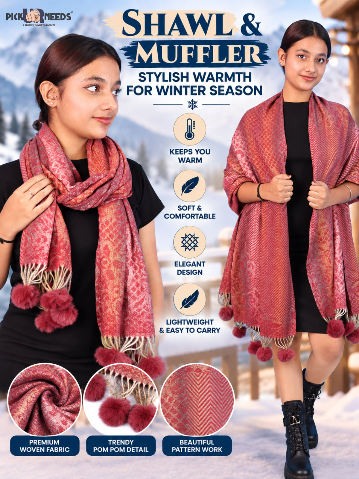 Pick Ur Needs Soft Woolen Designer Winter Shawl with Beautiful Floral Pattern & Pom Pom Tassels For Girls & Womens
