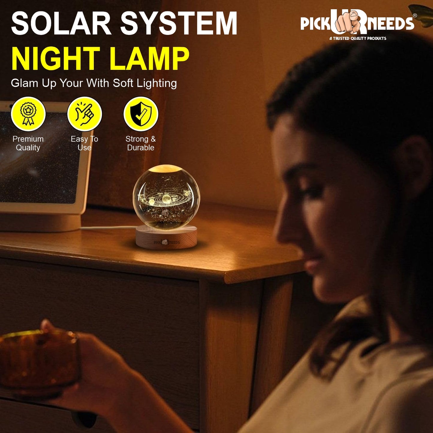 Pick Ur Needs 3D Galaxy Laxmi Ganesh Crystal Ball Night Light– Beech Wood Base– Decor for Home Night Lamp  (9.5 cm, Gold)