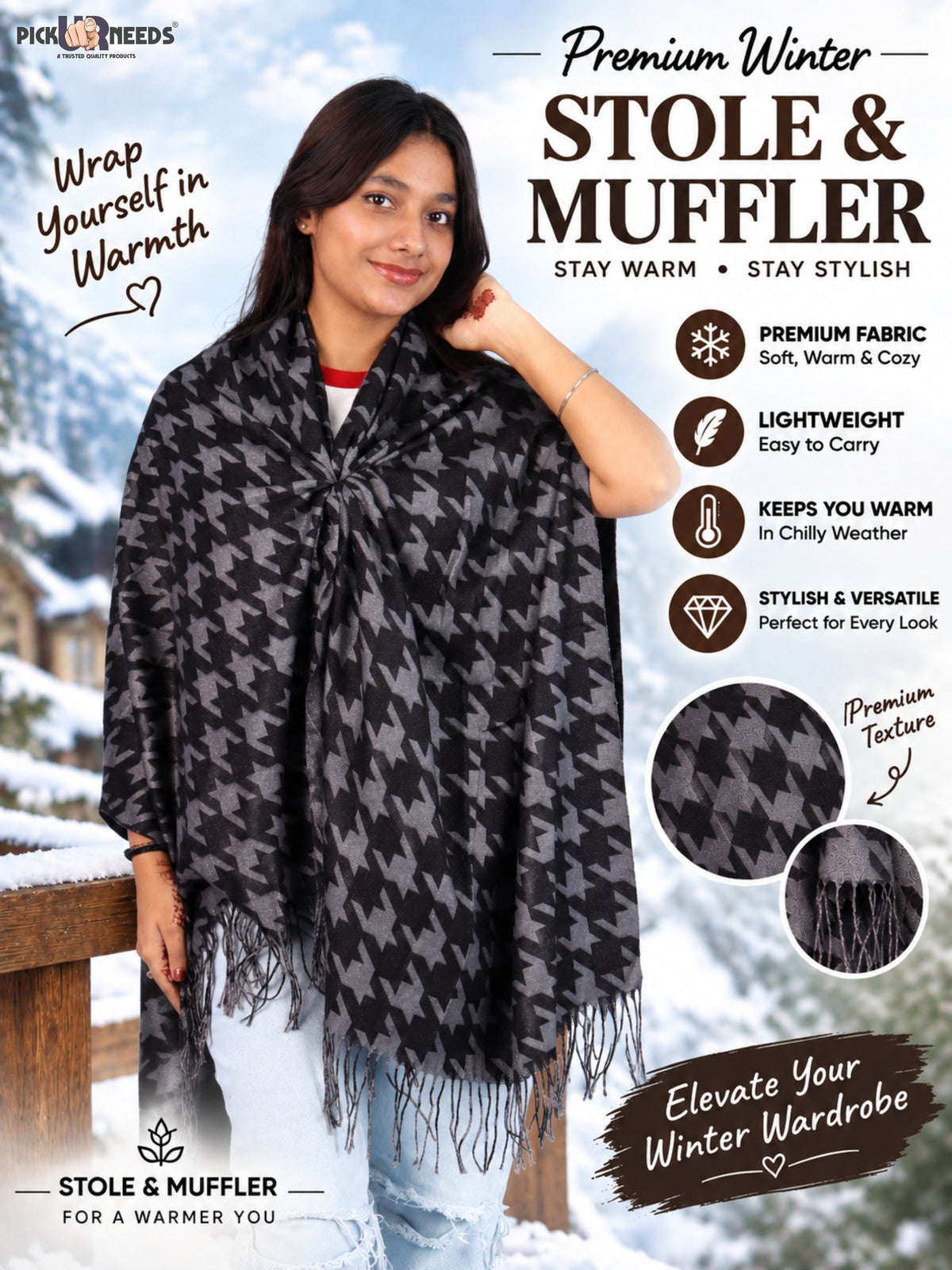 Pick Ur Needs Premium Winter Womens & Girls Shawl Soft & Cozy Printed with Elegant Geometric Design