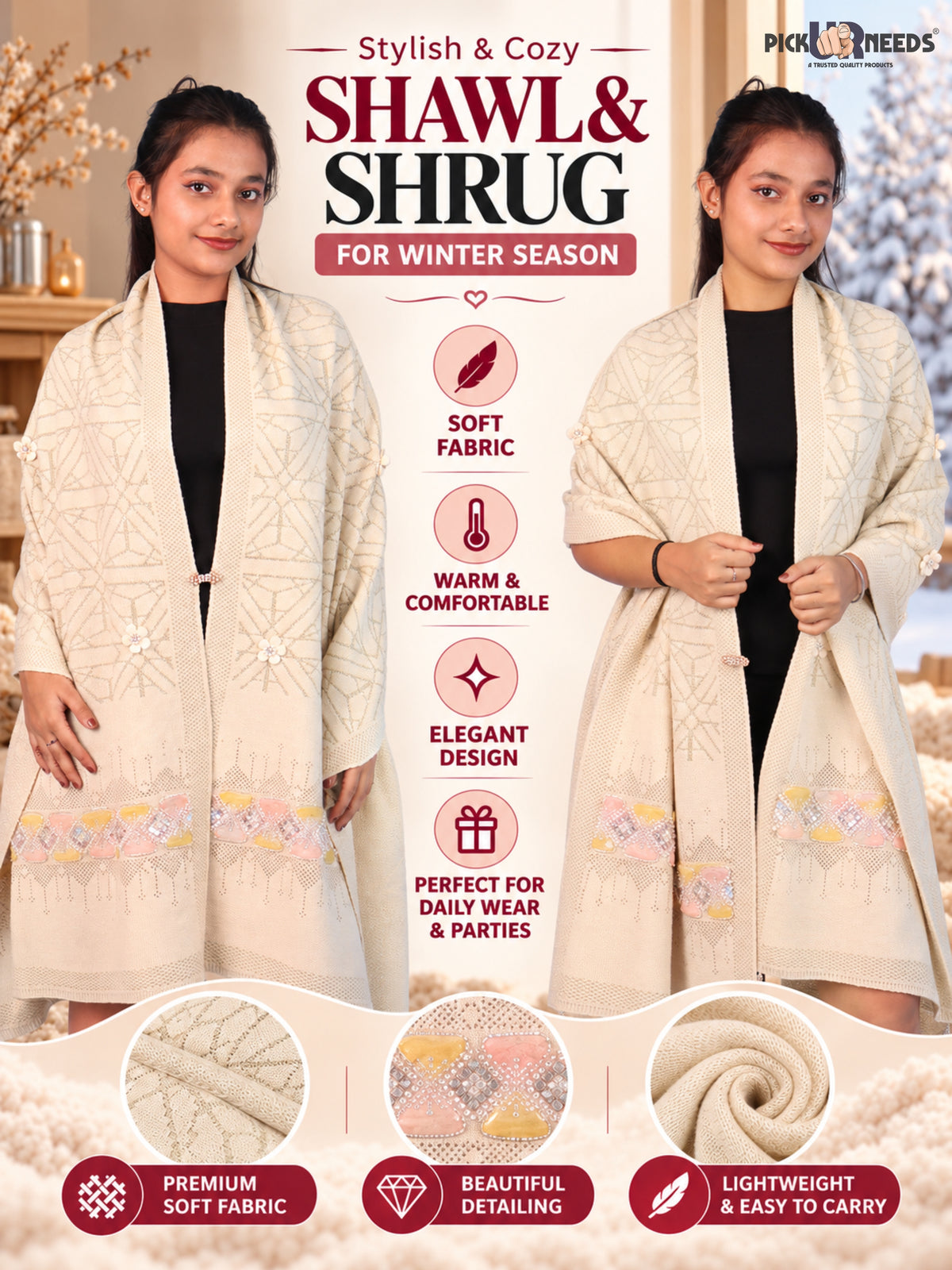 Pick Ur Needs Womens Soft Woolen Winter Girls Shawl with Elegant Geometric Design & Floral Embellishments Lightweight Warm Comfortable Ladies Shawl