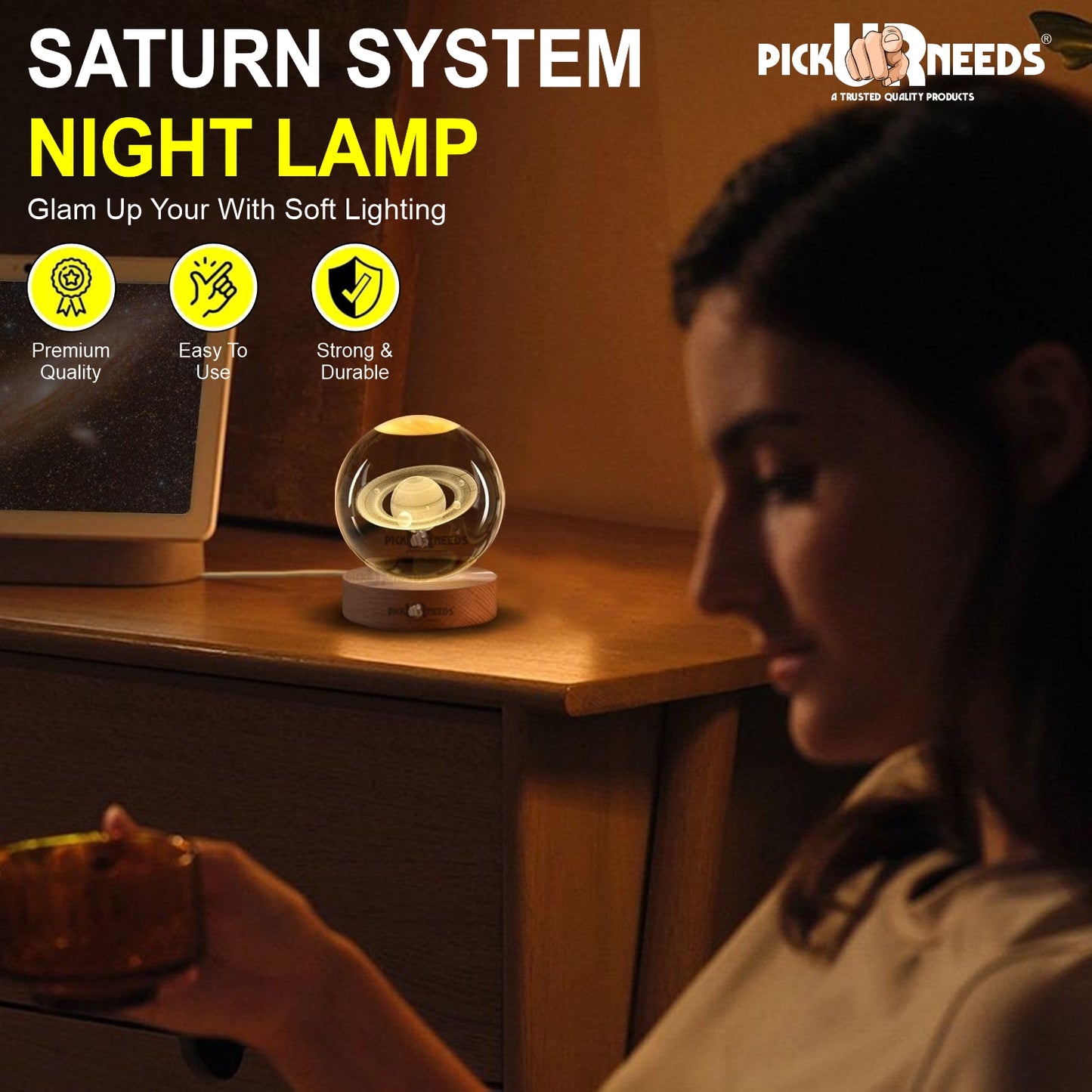 Pick Ur Needs 3D Galaxy Laxmi Ganesh Crystal Ball Night Light– Beech Wood Base– Decor for Home Night Lamp  (9.5 cm, Gold)