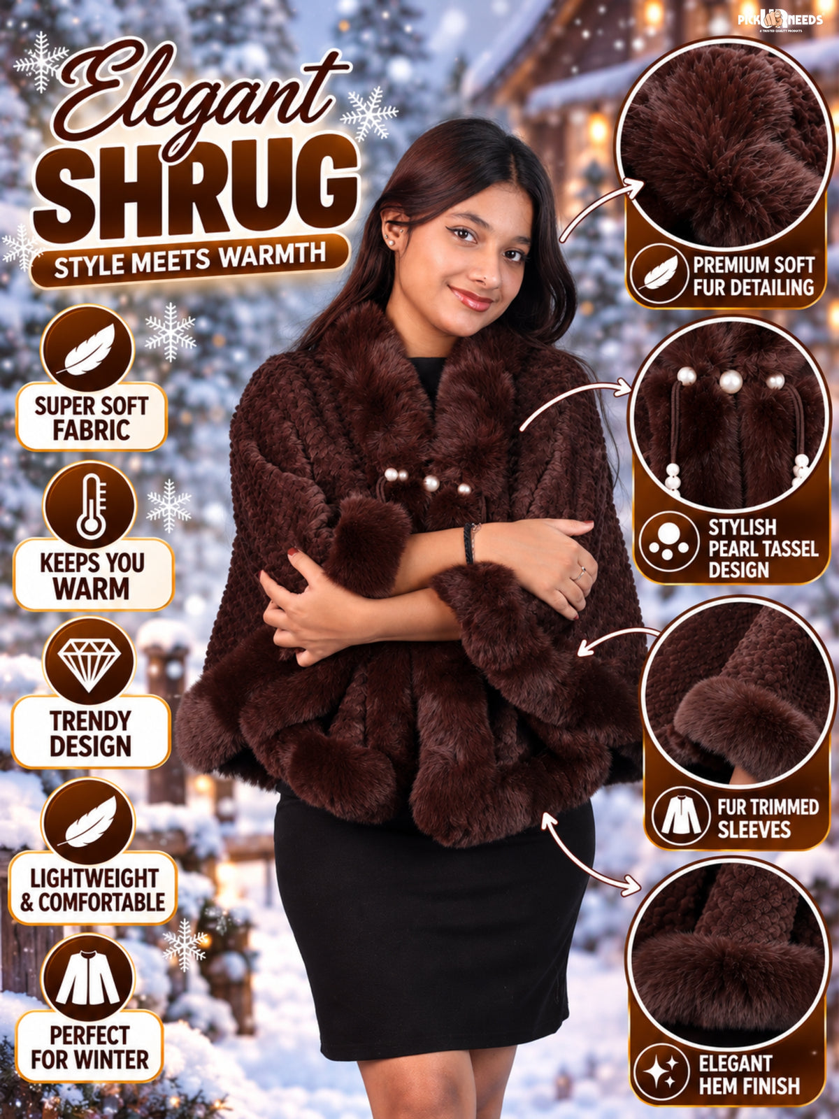Pick Ur Needs Ladies Winter Shrug with Plush Fur Style Border & Pearl Bead Accents Textured Soft Fabric Open Front Cape Poncho with Wide Sleeves for Girls & Women