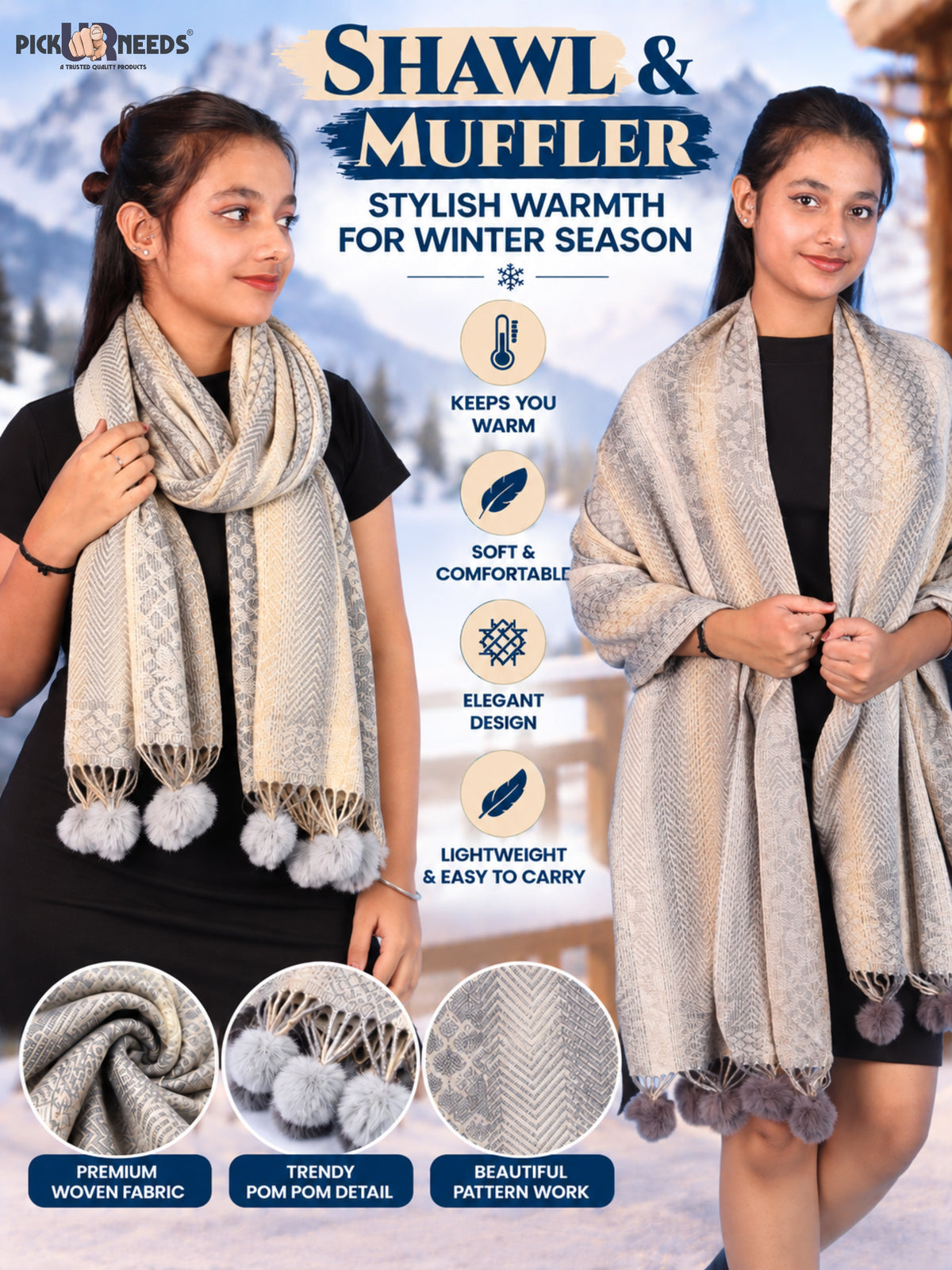 Pick Ur Needs Soft Woolen Designer Winter Shawl with Beautiful Floral Pattern & Pom Pom Tassels For Girls & Womens