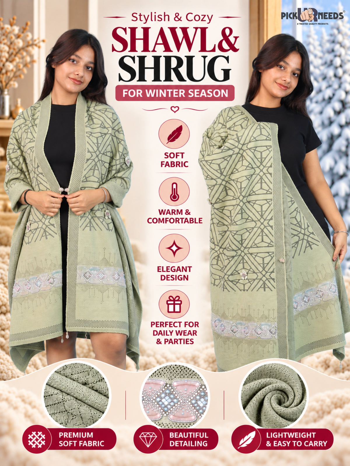 Pick Ur Needs Womens Soft Woolen Winter Girls Shawl with Elegant Geometric Design & Floral Embellishments Lightweight Warm Comfortable Ladies Shawl