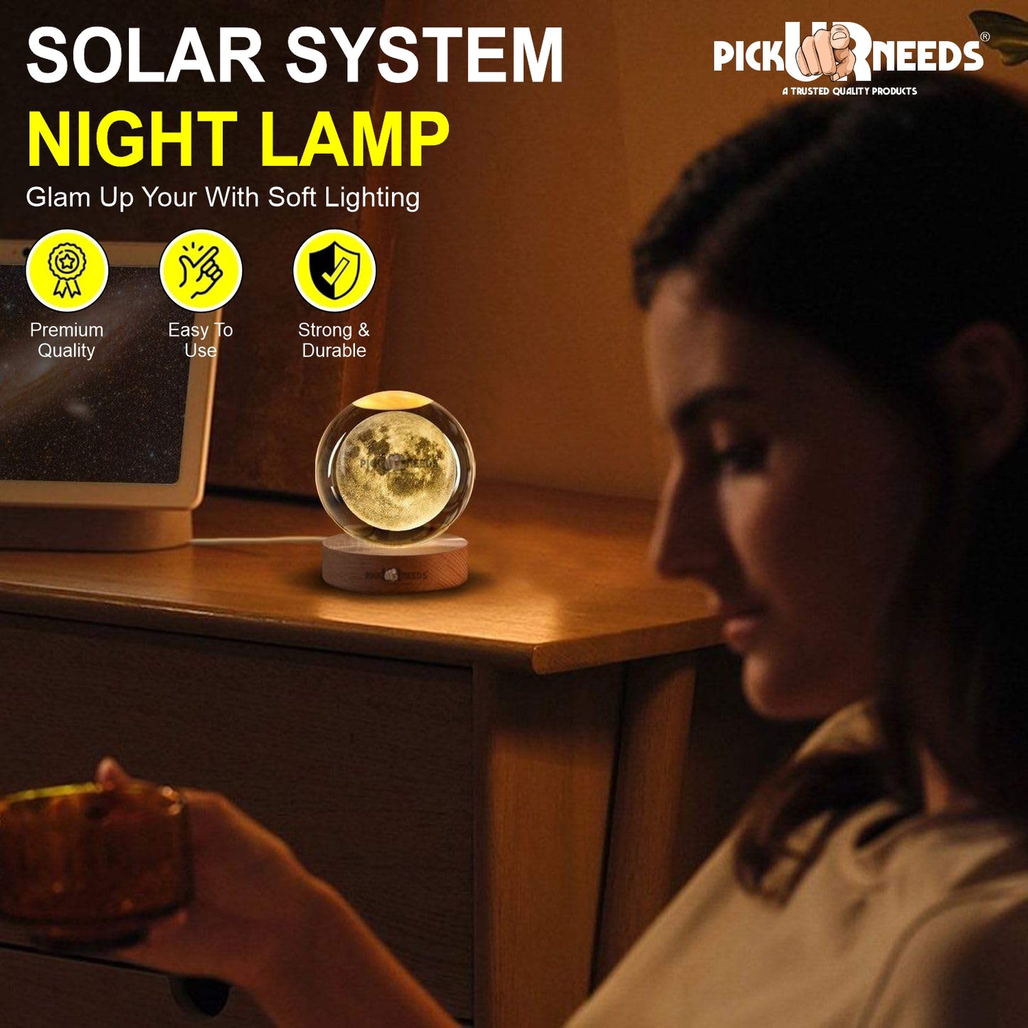 Pick Ur Needs 3D Galaxy Laxmi Ganesh Crystal Ball Night Light– Beech Wood Base– Decor for Home Night Lamp  (9.5 cm, Gold)