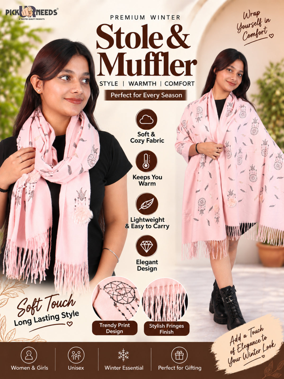 Pick Ur Needs Womens & Girls Muffler & Scarf with Elegant Dreamcatcher Print Soft Warm Lightweight Winter Neck Wrap with Stylish Fringes