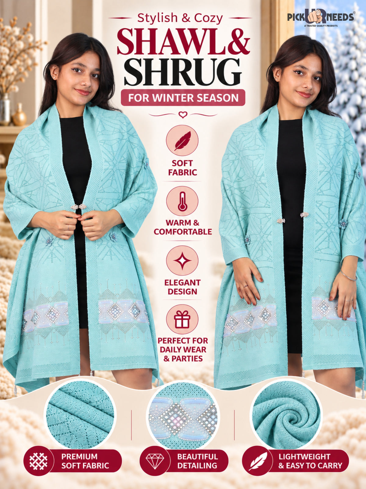 Pick Ur Needs Womens Soft Woolen Winter Girls Shawl with Elegant Geometric Design & Floral Embellishments Lightweight Warm Comfortable Ladies Shawl