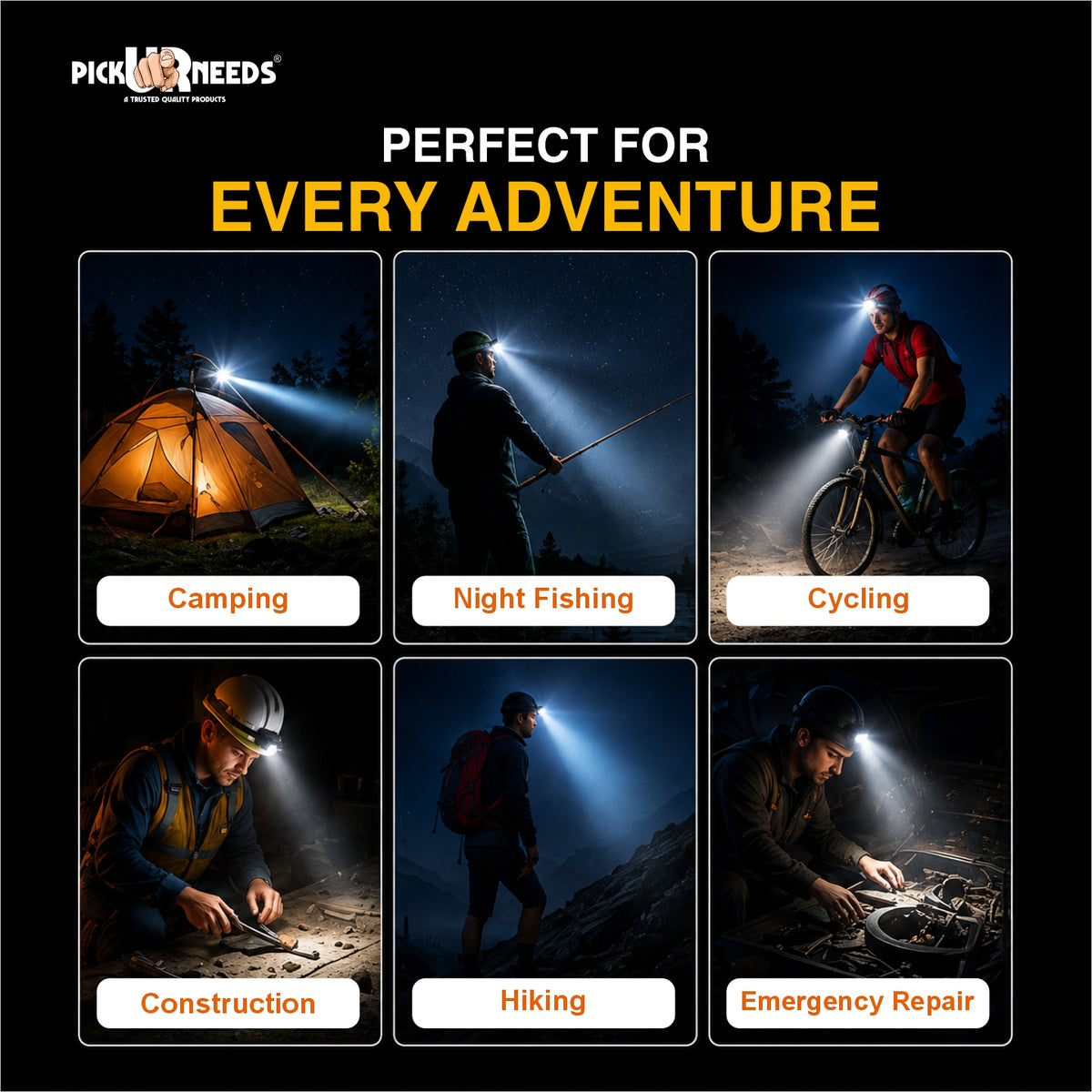 Pick Ur Needs 200W Rechargeable LED Headlamp Torch with Adjustable Elastic Head Strap 10 hrs Torch Emergency Light (Black, Red, Gold)