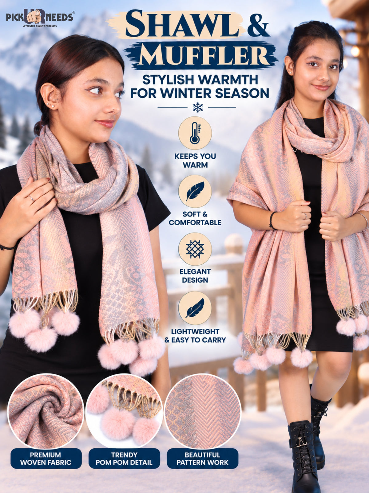 Pick Ur Needs Soft Woolen Designer Winter Shawl with Beautiful Floral Pattern & Pom Pom Tassels For Girls & Womens