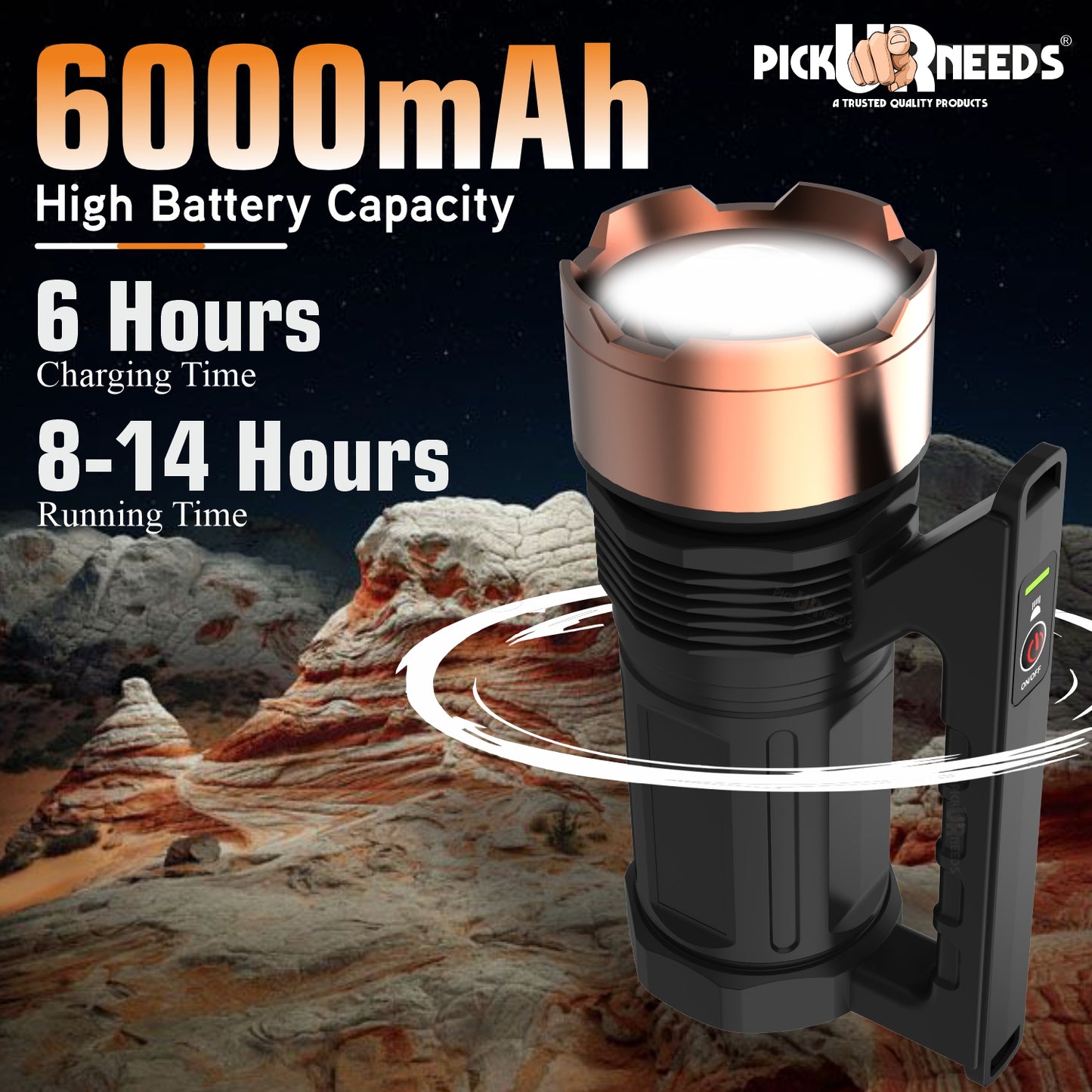 Pick Ur Needs Adjustable Focus 250 Watt Laser Torch Light 6000mAh Lithium Battery Metal Head 5 hrs Torch Emergency Light  (Copper)