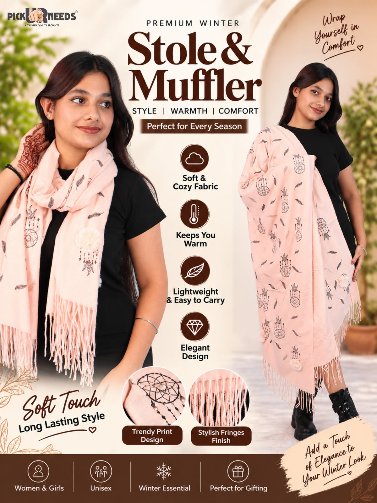 Pick Ur Needs Womens & Girls Muffler & Scarf with Elegant Dreamcatcher Print Soft Warm Lightweight Winter Neck Wrap with Stylish Fringes