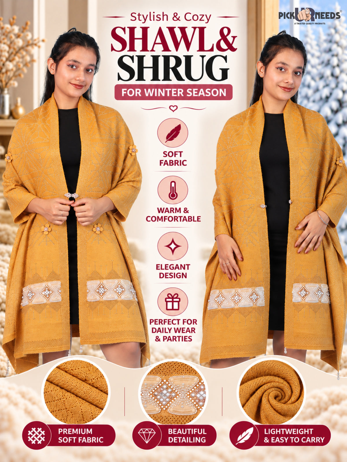 Pick Ur Needs Womens Soft Woolen Winter Girls Shawl with Elegant Geometric Design & Floral Embellishments Lightweight Warm Comfortable Ladies Shawl