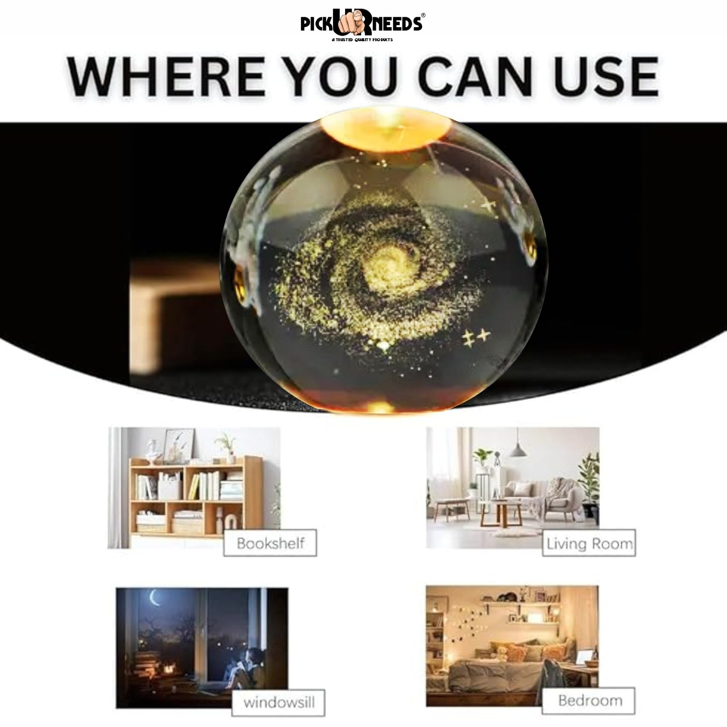 Pick Ur Needs 3D Galaxy Laxmi Ganesh Crystal Ball Night Light– Beech Wood Base– Decor for Home Night Lamp  (9.5 cm, Gold)