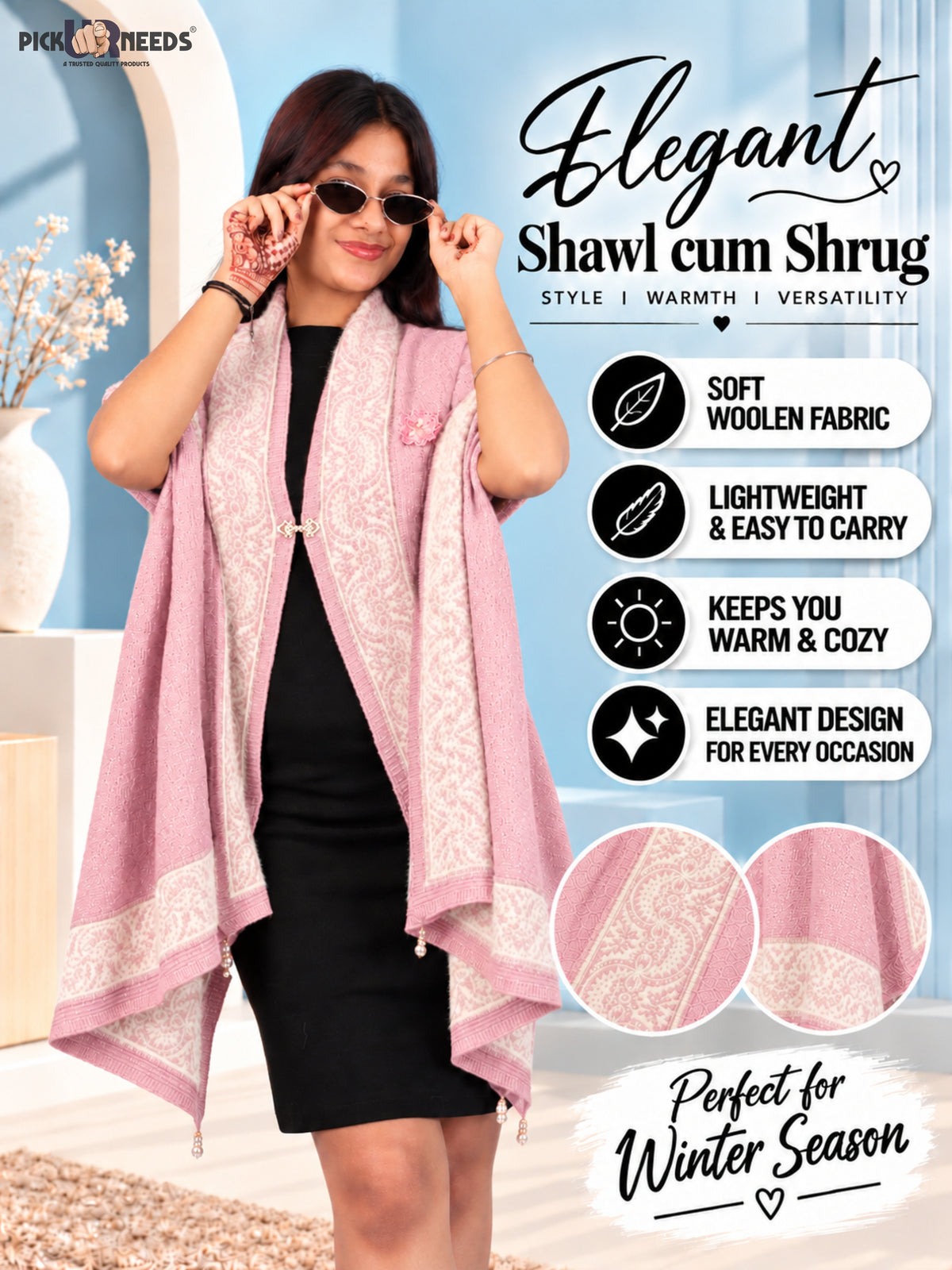 Pick Ur Needs Winter Woolen Womens Open Front Stylish Shrug with Elegant Floral Embroidery & Designer Border Soft Warm for Ladies & Girls