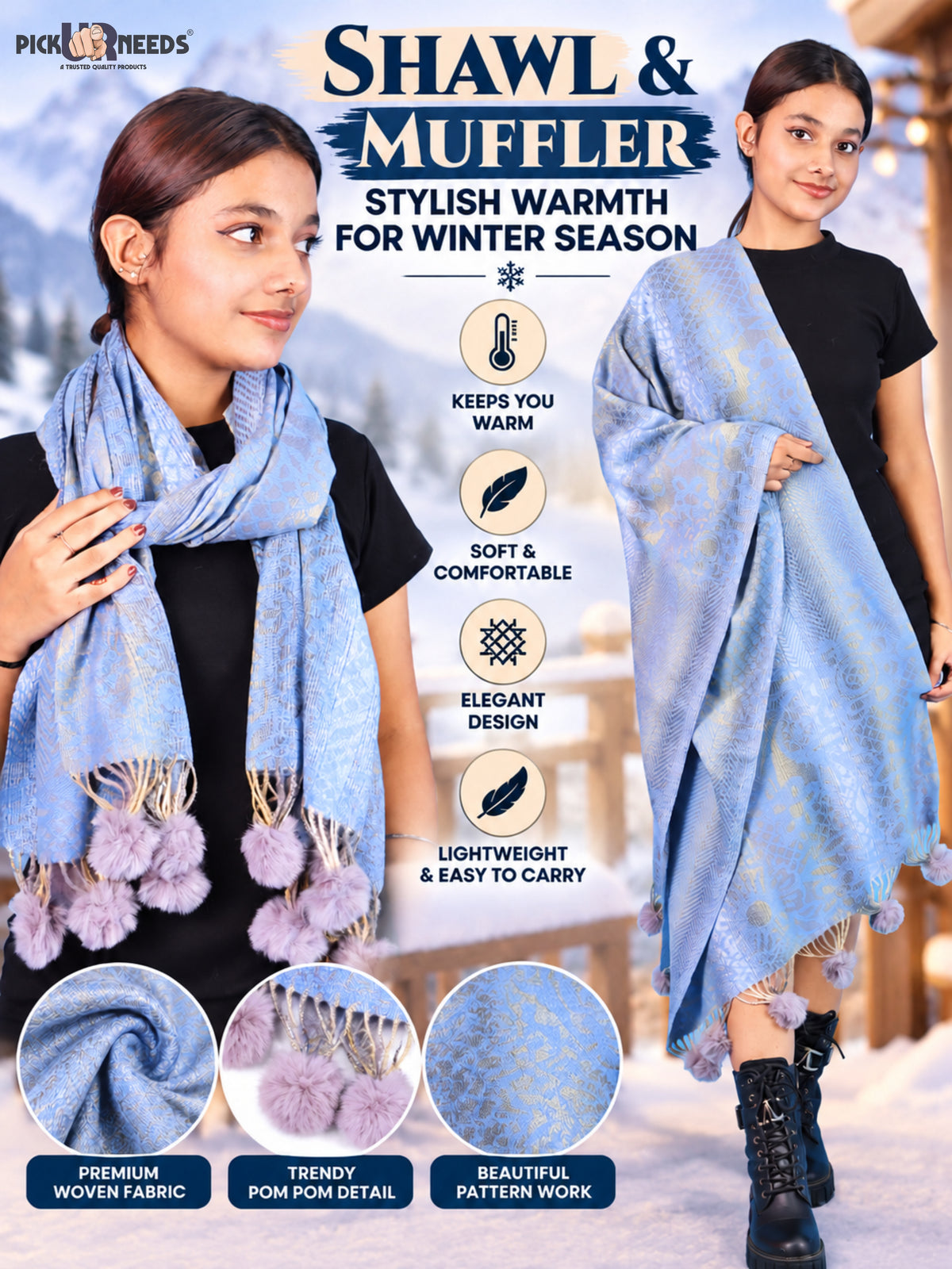 Pick Ur Needs Soft Woolen Designer Winter Shawl with Beautiful Floral Pattern & Pom Pom Tassels For Girls & Womens