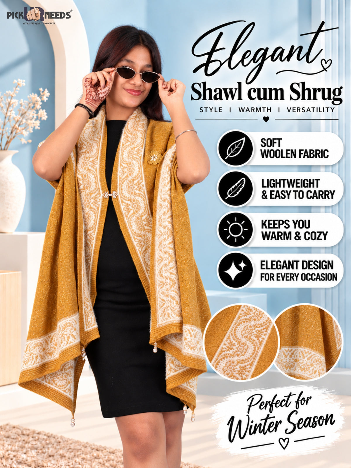 Pick Ur Needs Winter Woolen Womens Open Front Stylish Shrug with Elegant Floral Embroidery & Designer Border Soft Warm for Ladies & Girls