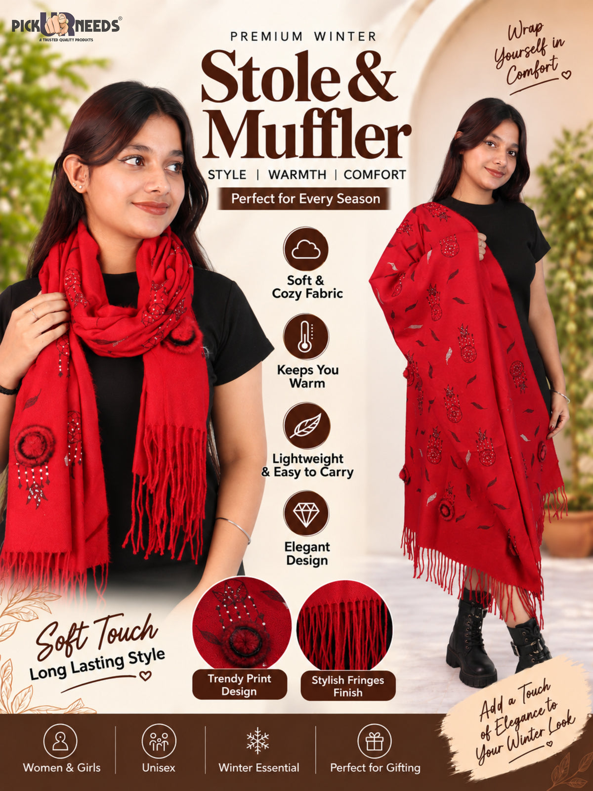 Pick Ur Needs Womens & Girls Muffler & Scarf with Elegant Dreamcatcher Print Soft Warm Lightweight Winter Neck Wrap with Stylish Fringes
