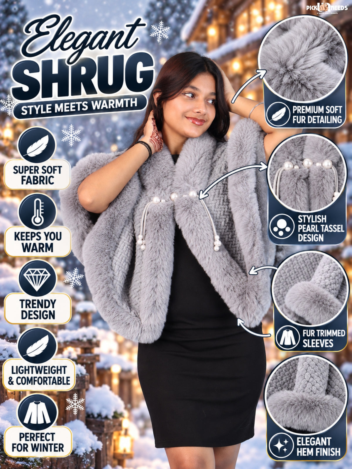 Pick Ur Needs Ladies Winter Shrug with Plush Fur Style Border & Pearl Bead Accents Textured Soft Fabric Open Front Cape Poncho with Wide Sleeves for Girls & Women