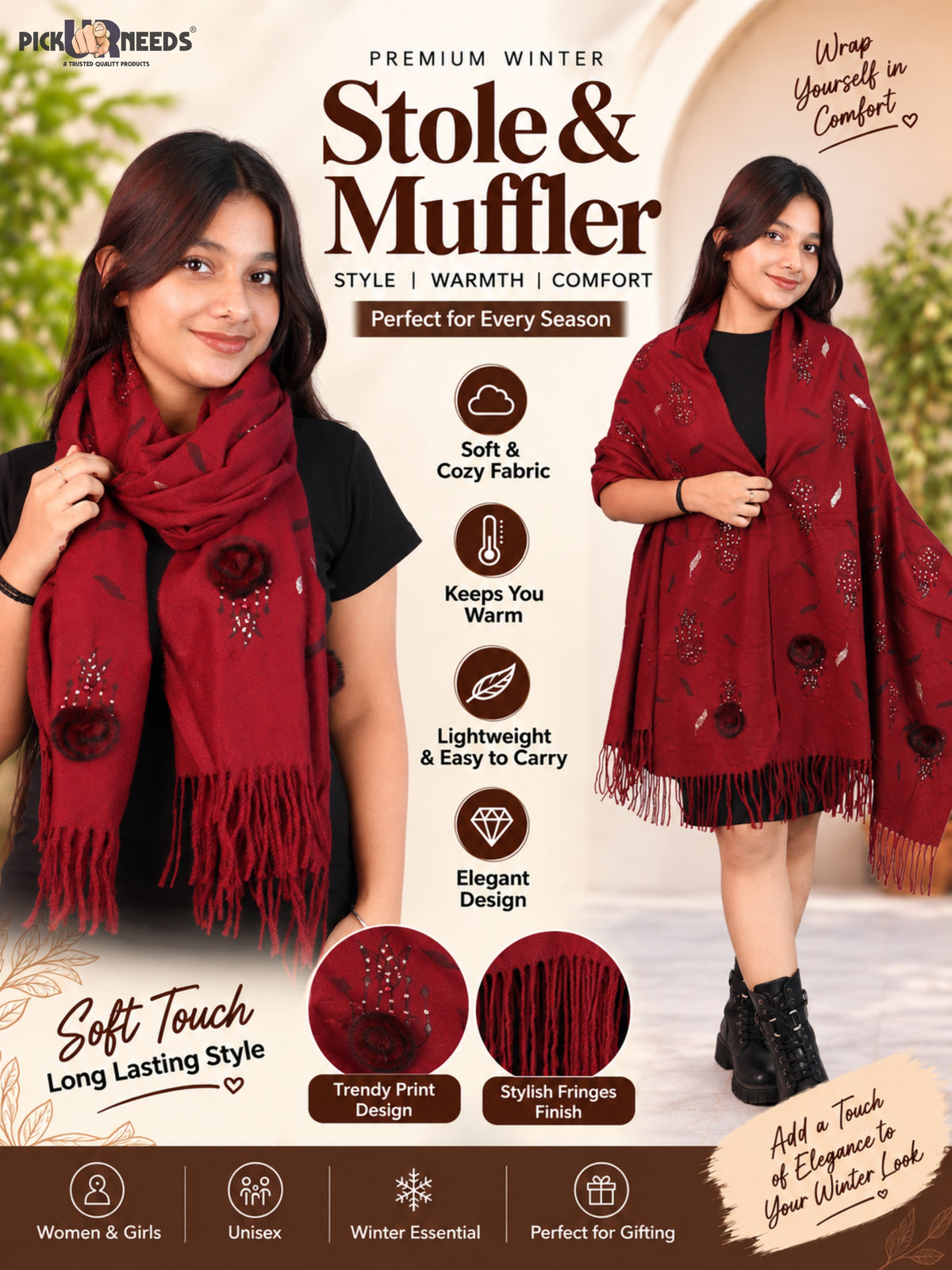 Pick Ur Needs Womens & Girls Muffler & Scarf with Elegant Dreamcatcher Print Soft Warm Lightweight Winter Neck Wrap with Stylish Fringes