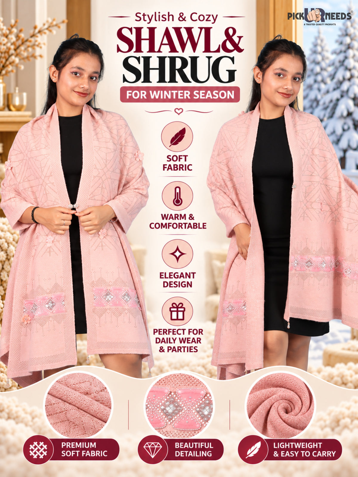 Pick Ur Needs Womens Soft Woolen Winter Girls Shawl with Elegant Geometric Design & Floral Embellishments Lightweight Warm Comfortable Ladies Shawl