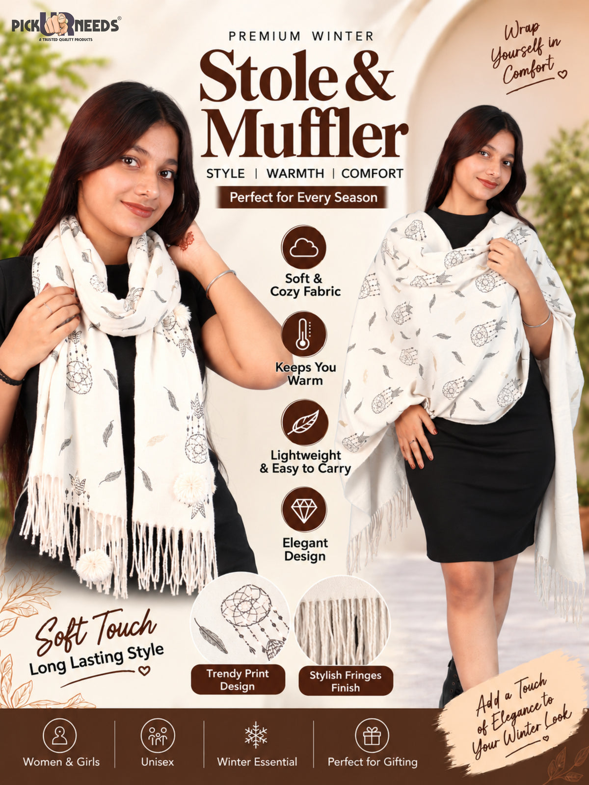 Pick Ur Needs Womens & Girls Muffler & Scarf with Elegant Dreamcatcher Print Soft Warm Lightweight Winter Neck Wrap with Stylish Fringes