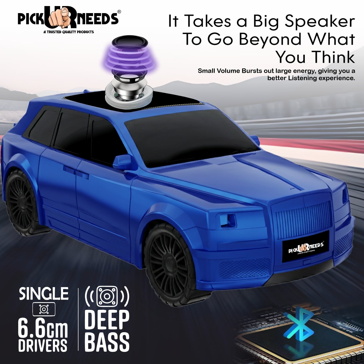 Pick Ur Needs Royal Car Shape Wireless Bluetooth Speaker 5W Powerful Deep Bass Sound, LED Headlights, Stylish Car Design 1200mAh Battery
